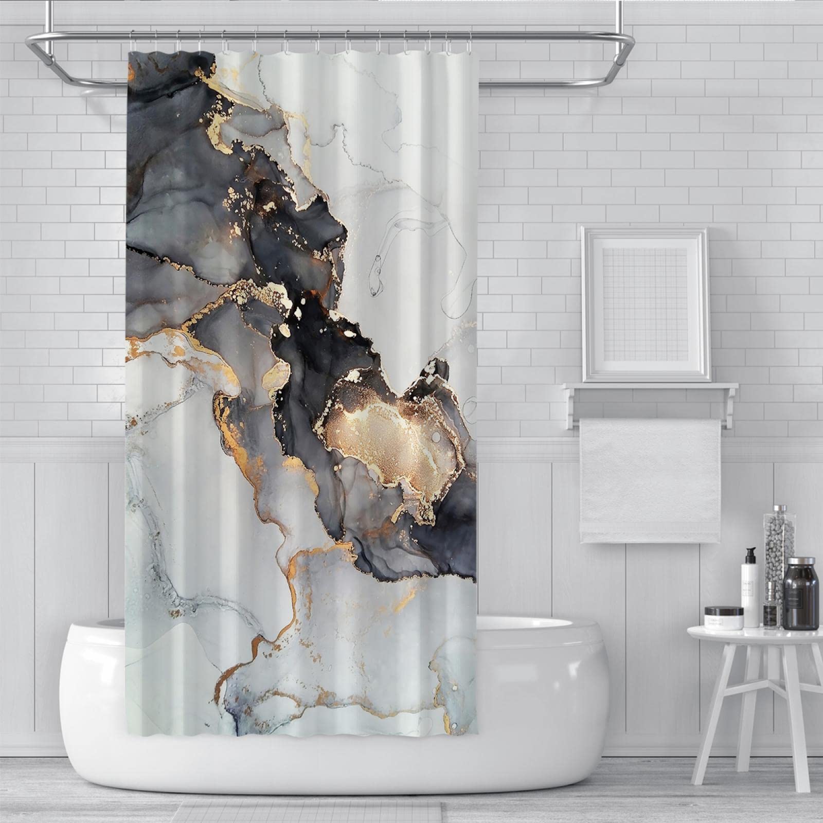 Cortinas de Ducha con Textura de mármol Blanco y Negro para Hotel Gimnasio Decoración de baño Juego de Cortinas de Ducha líquidas de Oro Gris Claro nórdico con Ganchos 180x200 cm