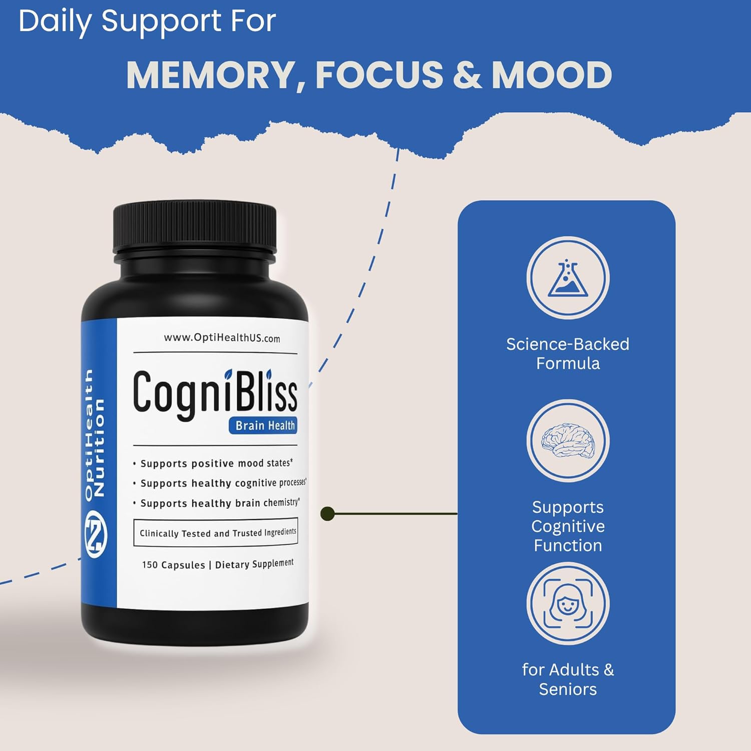 CogniBliss Brain Health Supplement with Citicoline, SAM-e & B Vitamins, Supports Memory, Focus, Cognitive Function & Positive Mood, Seniors & Adults - 150 Capsules, 30-Day Supply