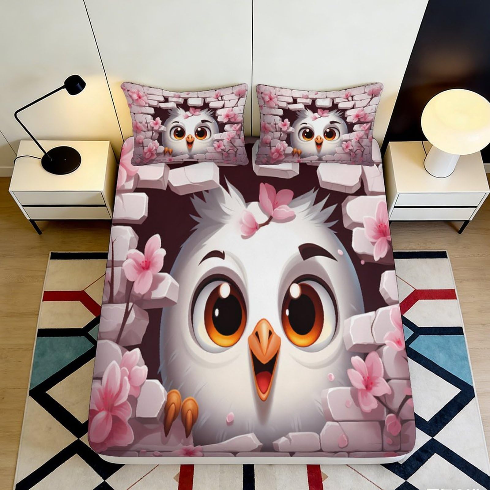 Pnayamiorkfel Style-1 3D Printed Cartoon Owl Fitted Sheet Microfiber Soft Breathable Cherry Blossom Bed Cover For Bedroom Dorm Decor 90X200x25cm