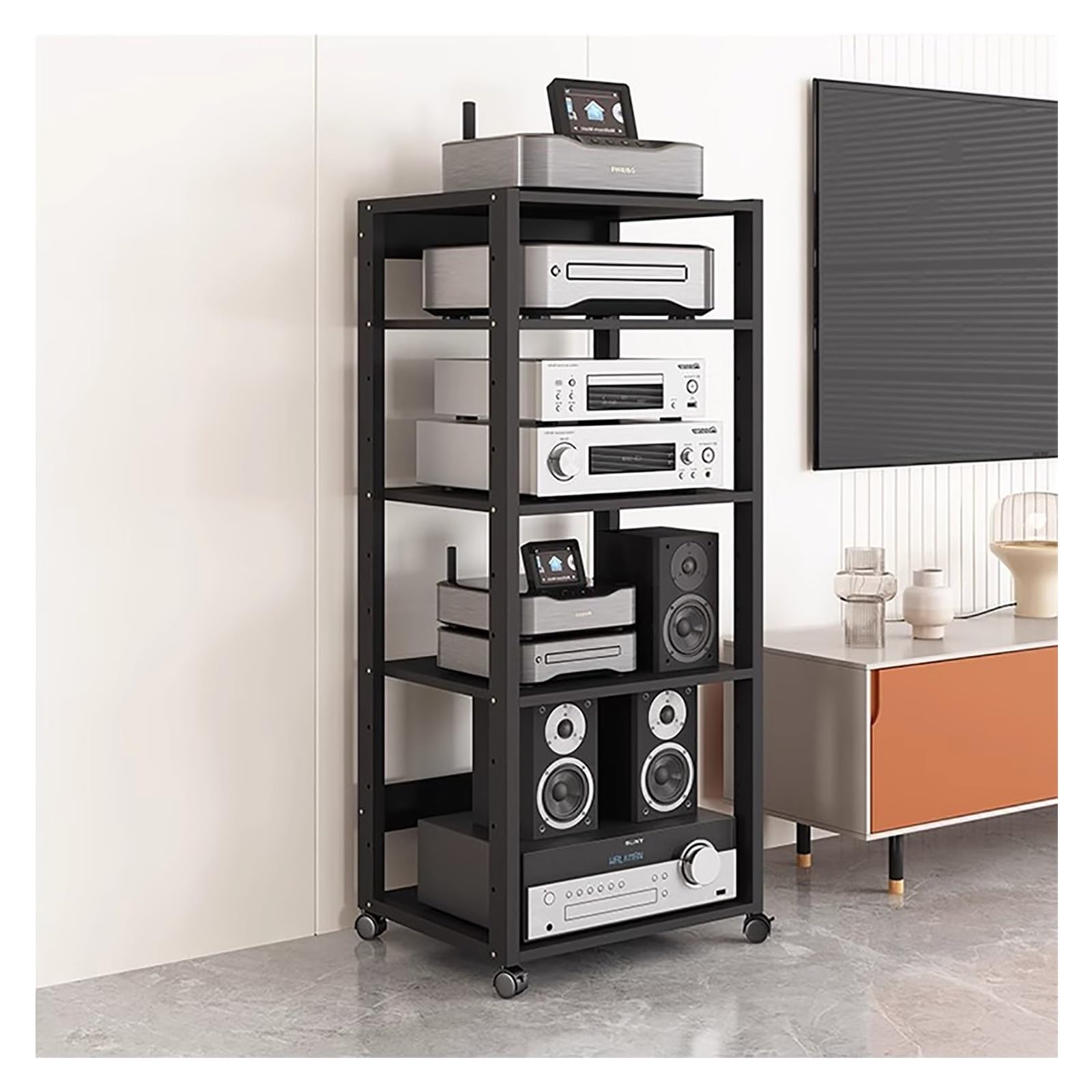 stojak audio hifi 5-poziomowe Stojaki Na Kółkach Pod Sprzęt Hi-fi, Stojak Na Gramofon, Stojak Na Sprzęt Audio-video, Szafki Hi-fi Do Salonu/biura, Organizer Na Komponenty Stereo Do Rozrywki