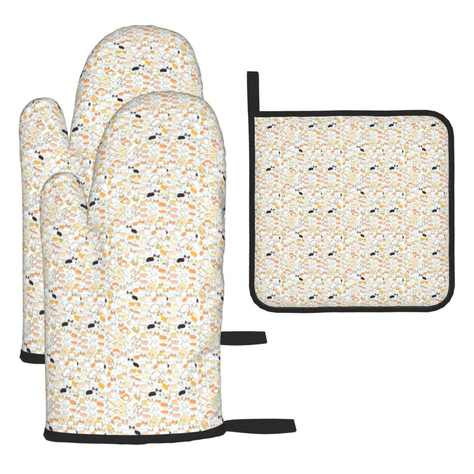 Corgi Dog Print Oven Mitts Kitchen Gloves Set Everyday Baking Grilling Microwaving Cooking Gift