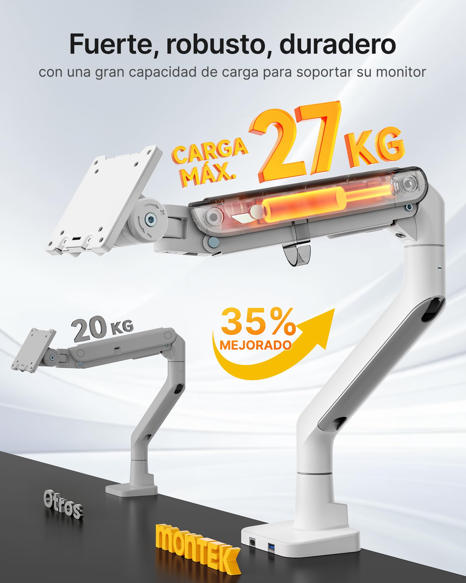 monTEK Soporte Monitor Reforzado para 17-57", hasta 27 kg | Brazo con resorte de gas, altura ajustable y movimiento completo para monitores ultrapanorámicos, VESA 75x75/100x100, blanco.