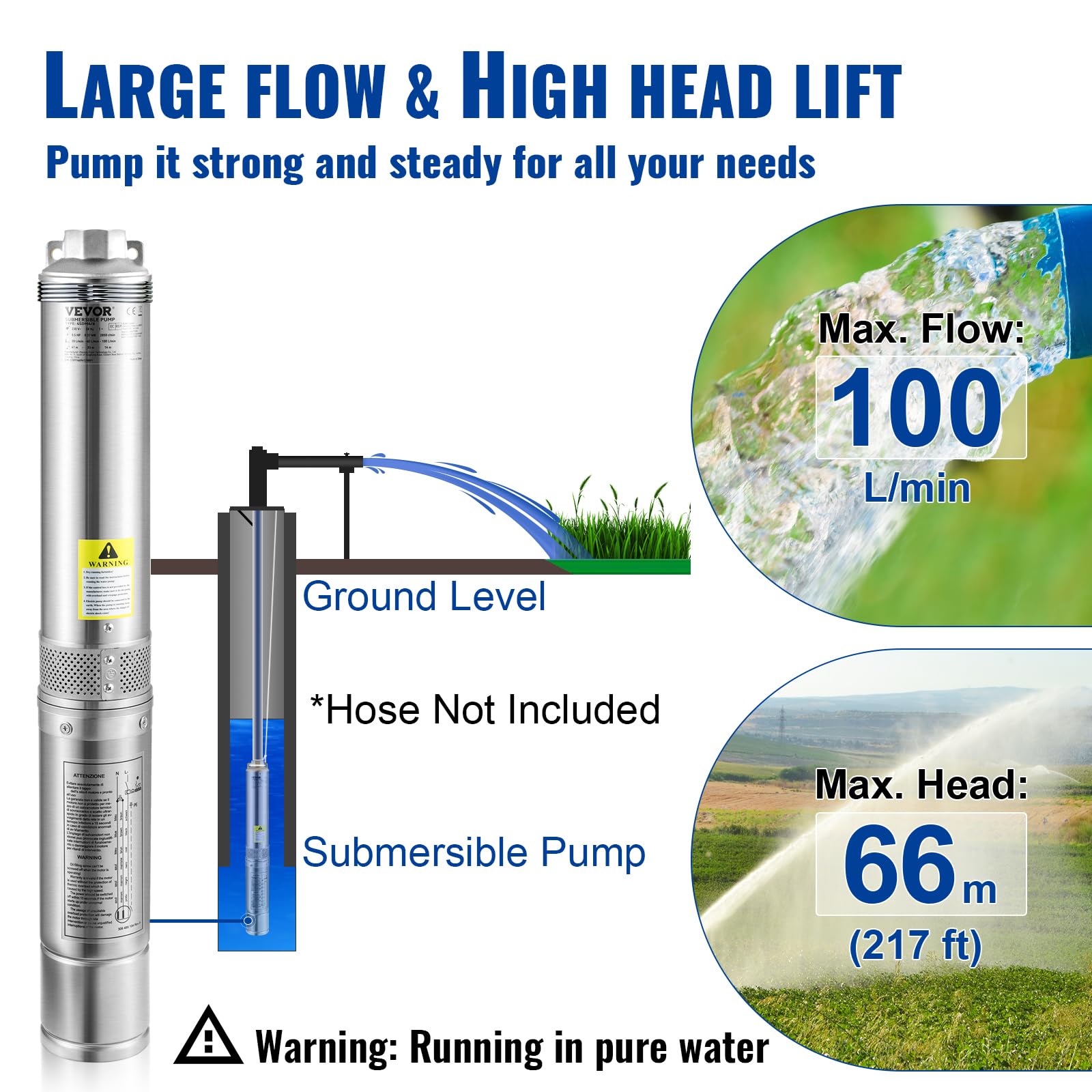 VEVOR Pompe Immergée pour Puits 100 L/min 66 m à Eau Profond en Acier Inox, Électrique 750 W, de Submersible Automatique Usage Domestique Agricole Industriel, Argent,