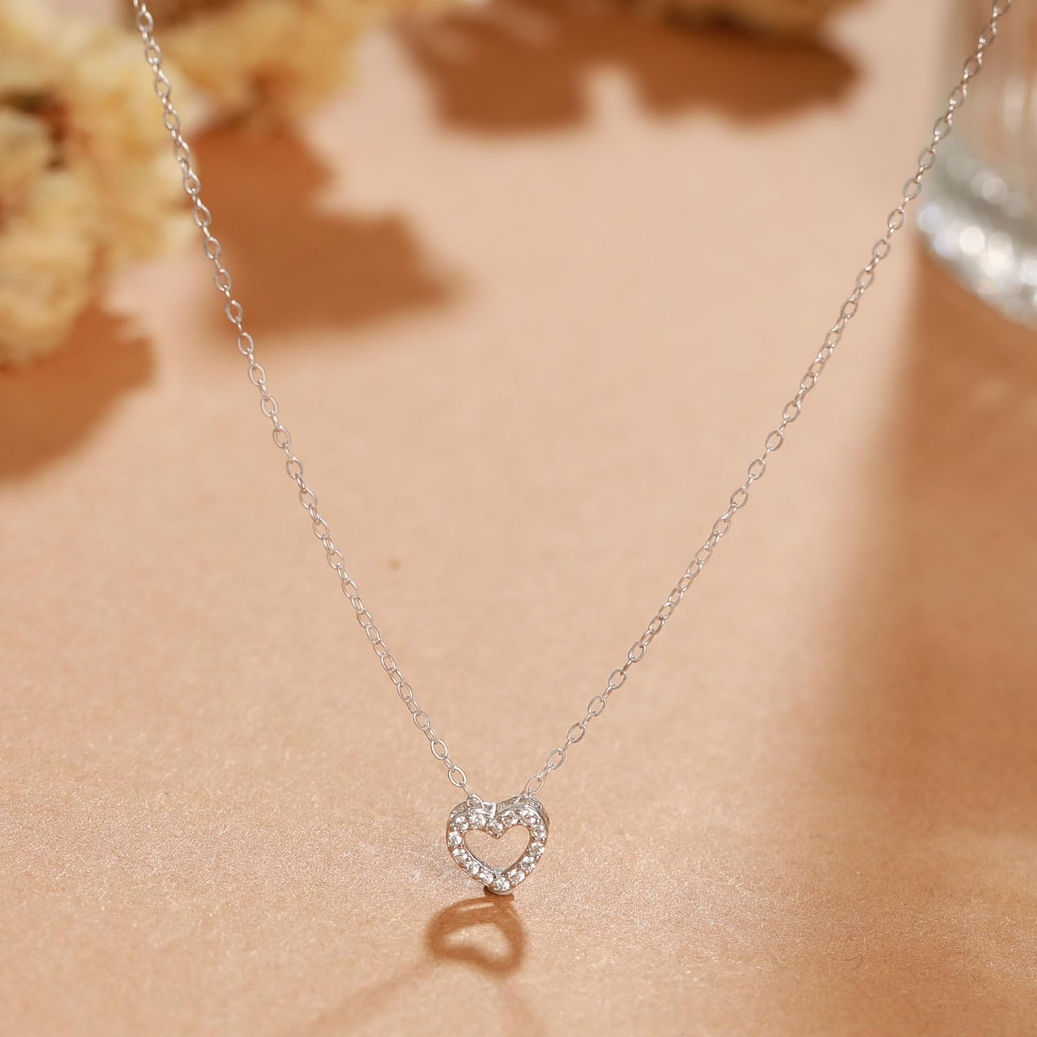 925 Sterling Silver CZ Heart Charm Necklace for Women 14K Gold Plated Cute Dainty Love Pendant Necklaces for Mom Daughter Trendy Elegant Hollw Heart Choker Valentine's Day Brides Jewelry Gifts for Her - Image 3