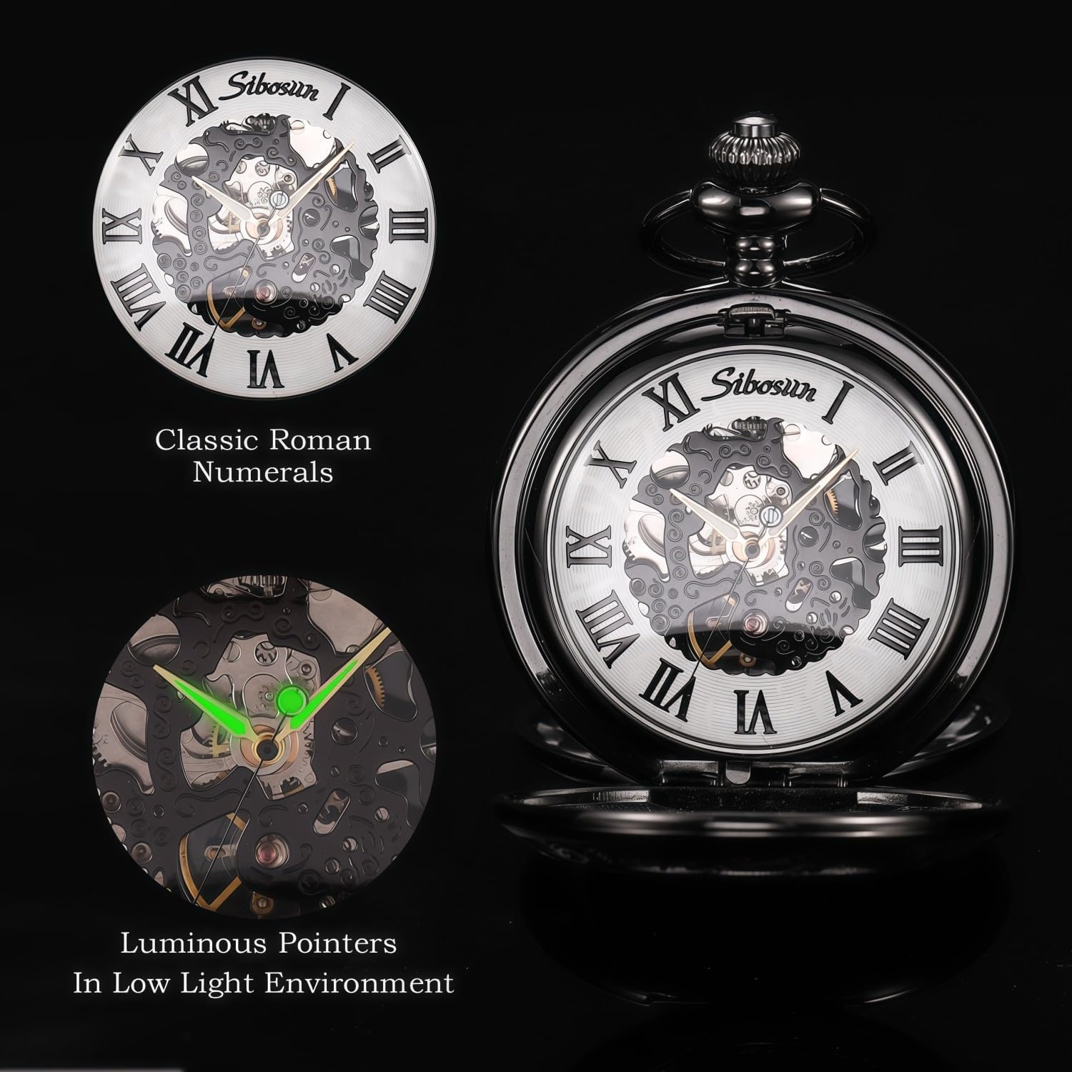 SIBOSUN Pocket Watch Mechanical Skeleton Steampunk Antique Pocket Watch with Chain and Box for Men Women Roman Numerals Dial