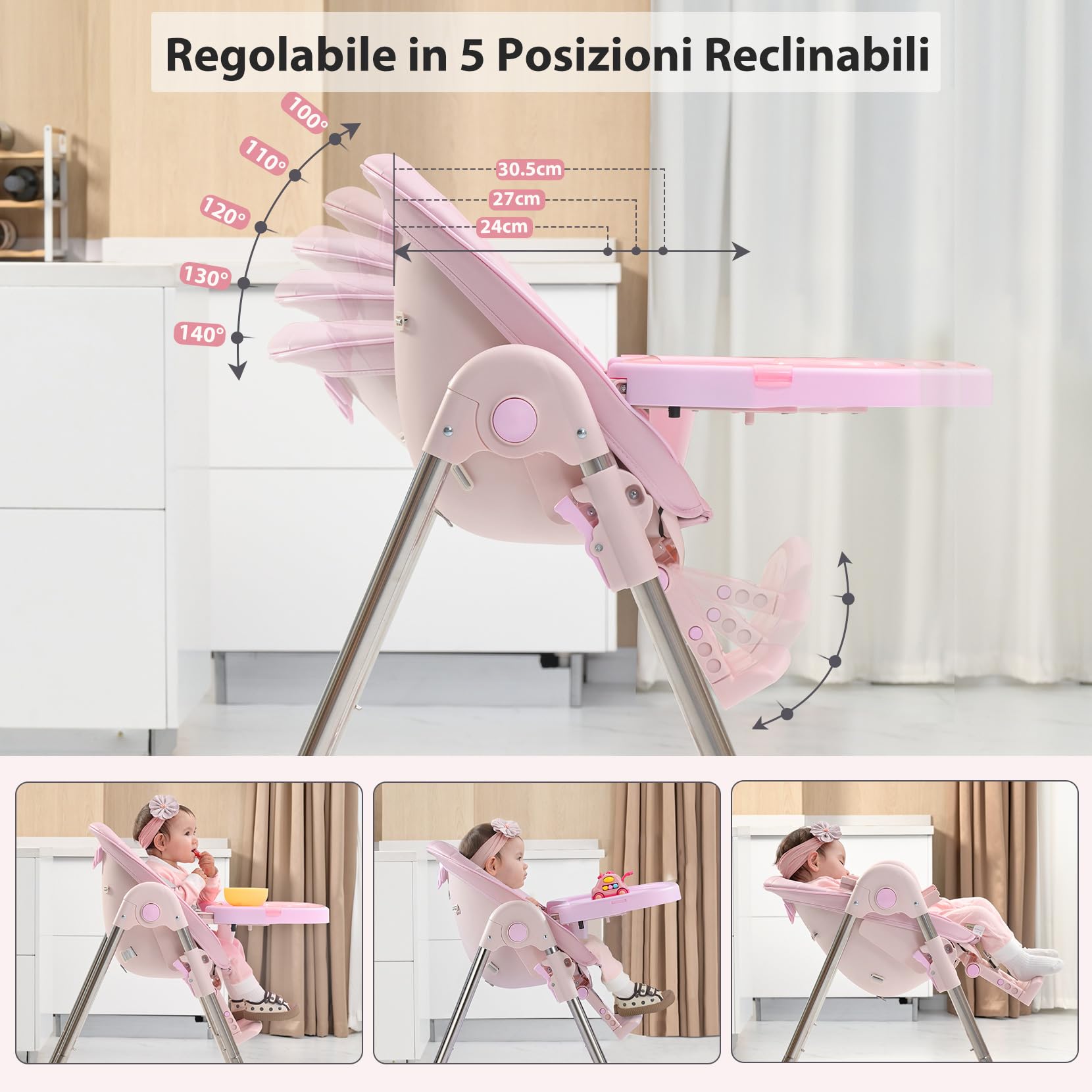 OUNUO Seggiolone Pappa, Seggiolino da Tavolo Pieghevole, Seggioline per bambini da 6 Mesi fino a 6 anni, Piatto da Cena Smontabile, Pedale e Schienale Regolabili in Altezza (Rosa)