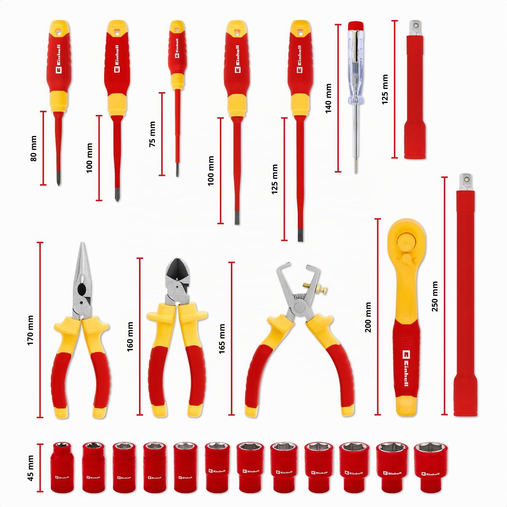 Original Einhell E-Case coffret à outils 24 pièces outils électricien (testé IEC 60900, set de pinces, set de tournevis, jeu de douilles, cliquet réversible, testeur de phase, coffret système)