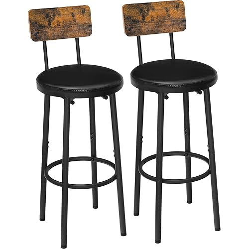 HOOBRO Bar Stools with Backrest, Set of 2 Bar Chairs, Counter Stools with PU Upholstery, Breakfast Stools with Footrest, for Kitchen, Living Room, Bar, Rustic Brown and Black BF31BY01