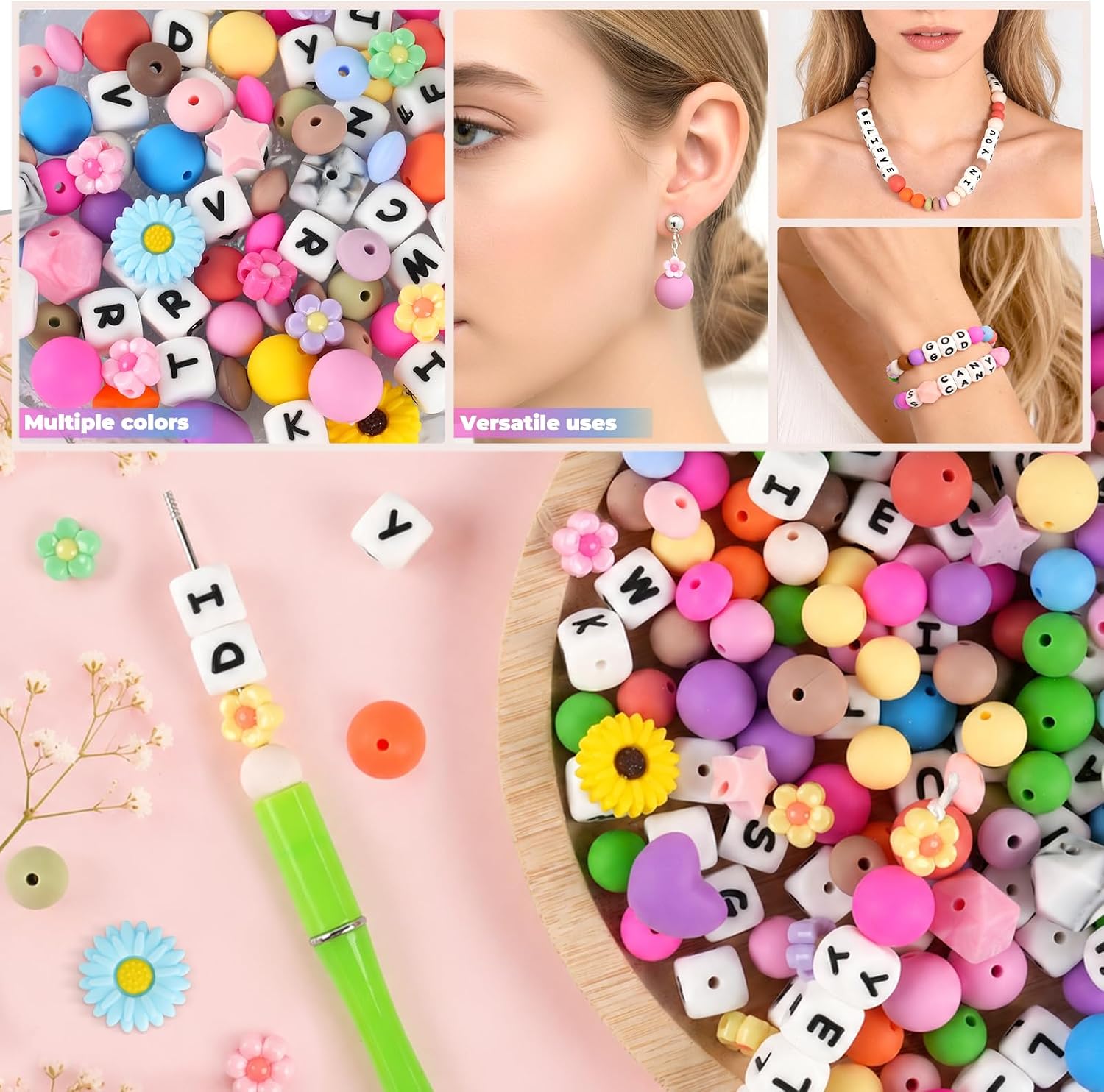 239Pcs Silicone Beads for Keychain Making, 12mm Silicone Letter Beads Bulk, 12mm 15mm Round Rubber Bead Bracelet Kit for Pens, Necklace, Jewelry Making DIY Crafts Gifts (Multicolor)