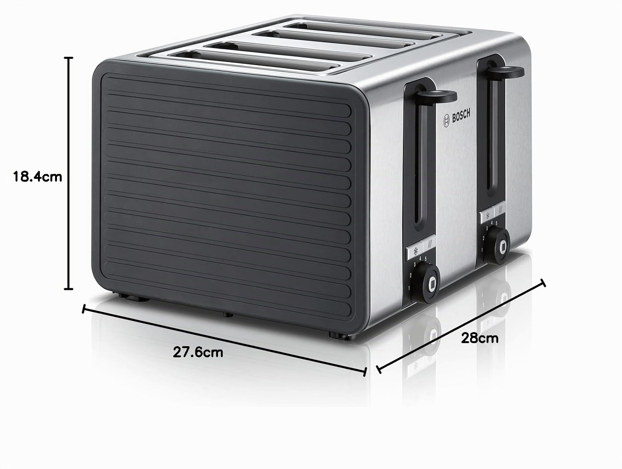 Bosch - Tostadora de 4 ranuras con función de descongelamiento y tostado, perfecta para 4 rebanadas de pan, diseño ancho, con función de elevación, 1800 W, acero inoxidable/negro, TAT7S45