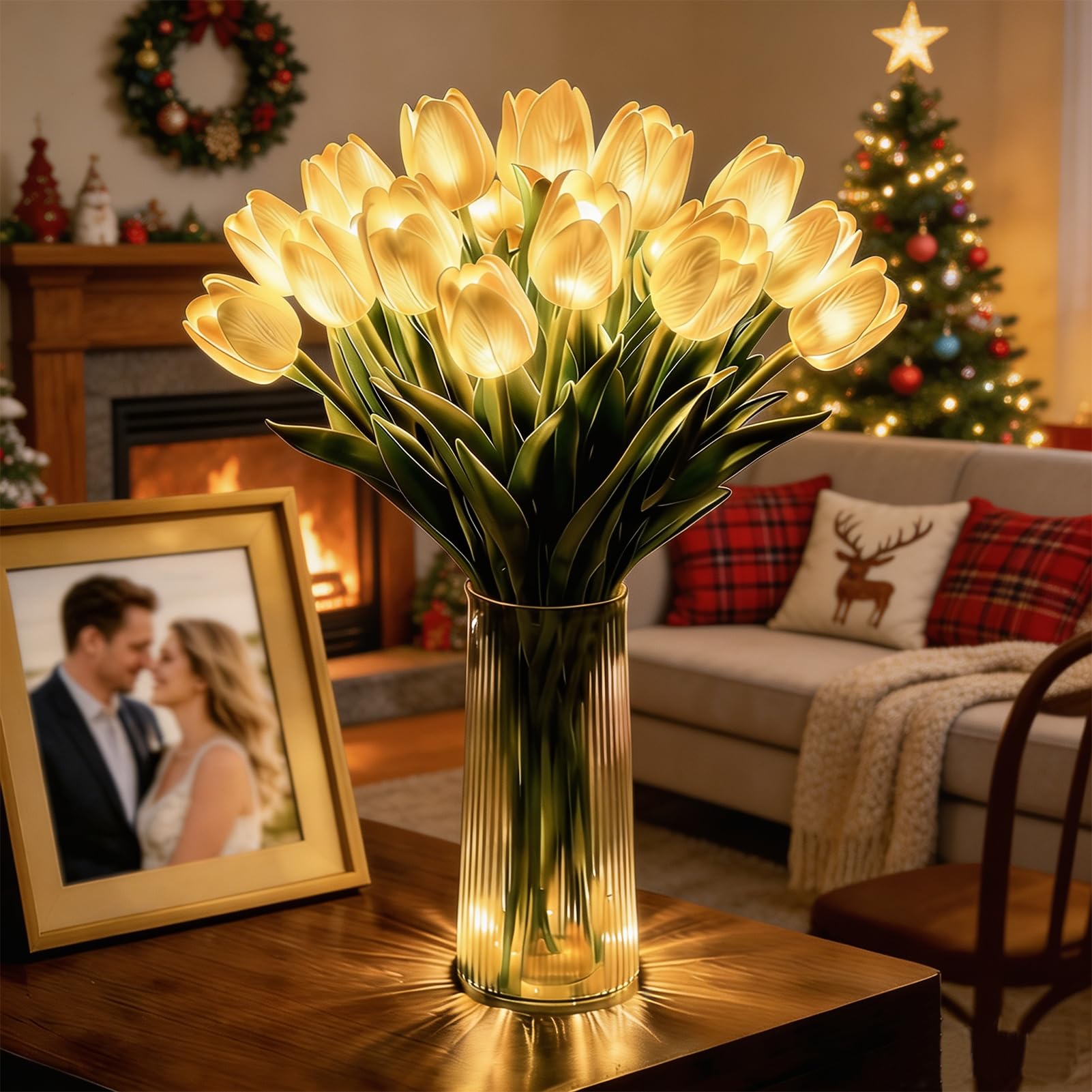 2027 Upgrade Radiant Romantic Tulip Light, 10/15PCS Tulip Lamp Artificial Magical Meadow Flowers with Vase, for Christmas & Halloween,Home Decor and Wedding Anniversary (Cream,15*Flowers With Vase)