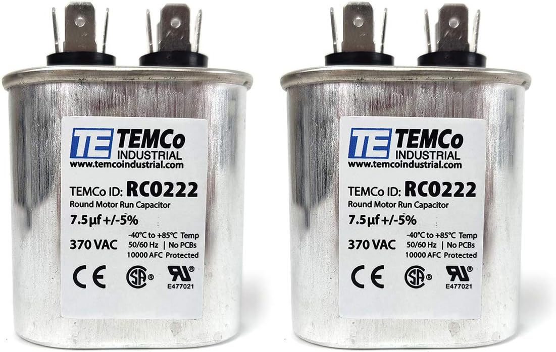 2 Pack TEMCo 7.5 uF Run Capacitor CBB65, 7.5 MFD, 370V, Oval, 50/60Hz | for HVAC AC Fan, Motor, Blower Applications