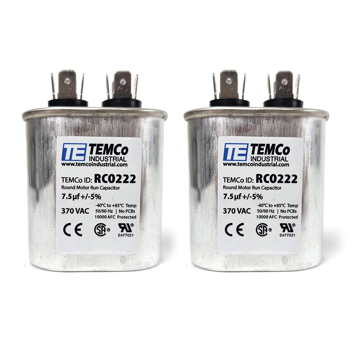 2 Pack TEMCo 7.5 uF Run Capacitor CBB65, 7.5 MFD, 370V, Oval, 50/60Hz | for HVAC AC Fan, Motor, Blower Applications