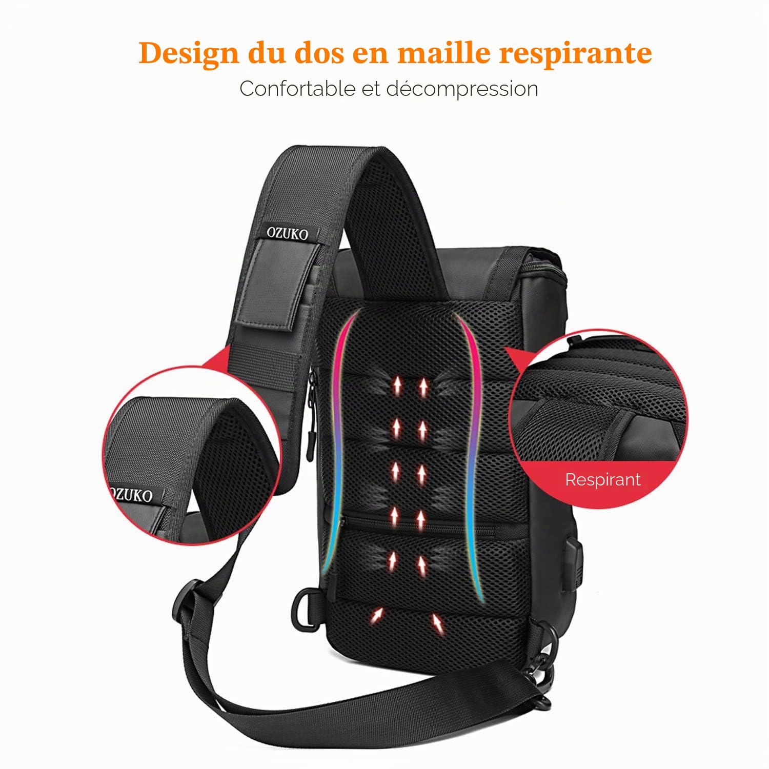 FANDARE Antivol Sac de Poitrine Sling Avec USB - Sacoche Grande Capacité d'Epaule Pour Homme, Garçon - Bandoulière Pour École, Voyage, Randonnée, Cyclisme, Jogging - Durable Polyester