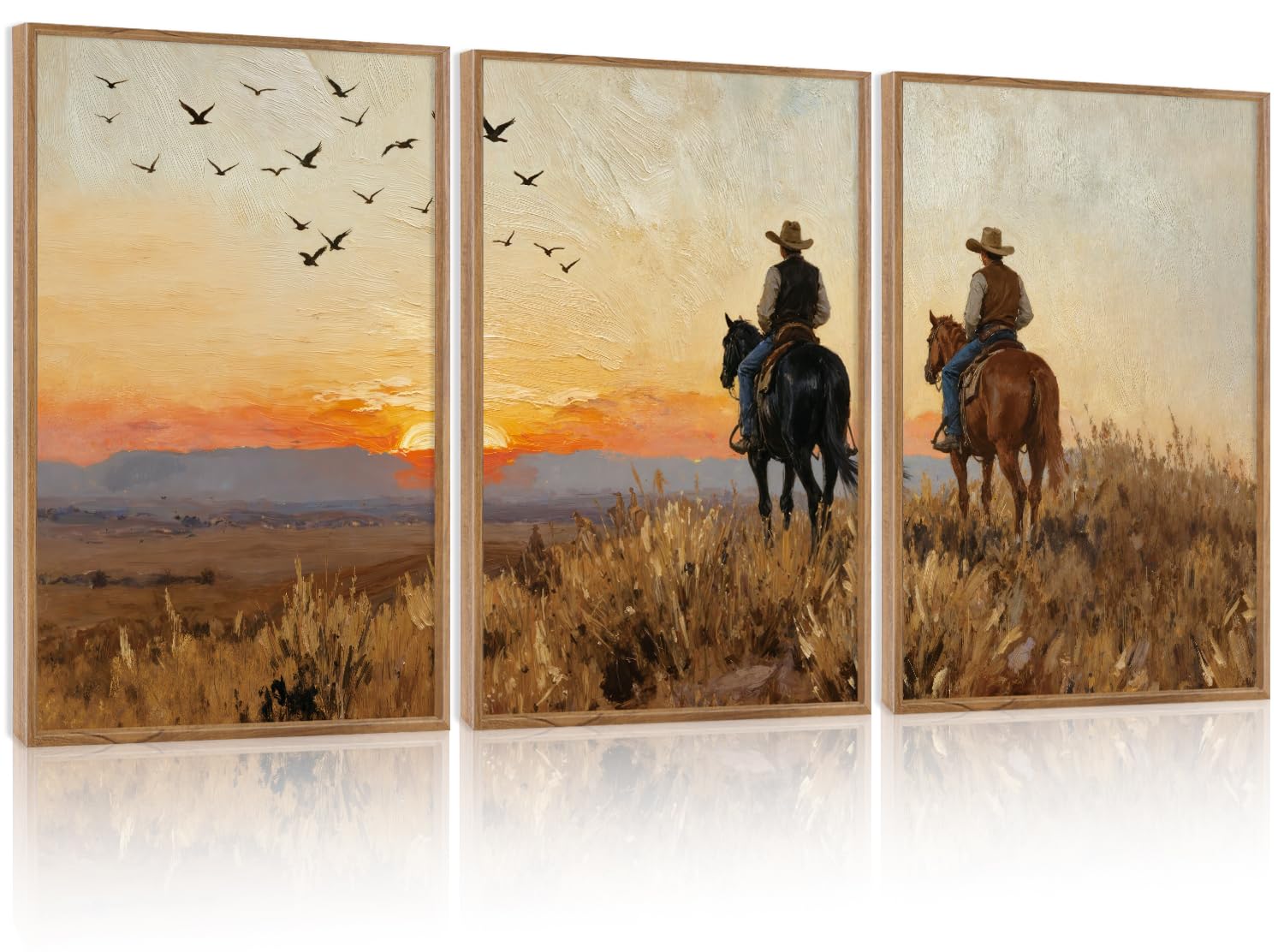KAIRNE Western Cowboy Canvas Wall Art Set Impasto Oil Painting Sunset Prairie Prints Vintage Cowboy on Horseback Landscape Pictures for Living Room Bedroom Farmhouse Rustic Decor 12 x 16inch x 3 — image 1