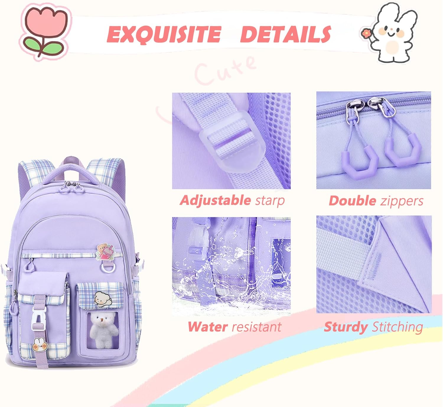 PRLINJSK Girls Backpack，Cute School Backpack for Girls Kids Teens，Kawaii Bookbag for Primary Elementary，Purple
