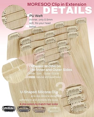 Miniatura 4 de Moresoo - Extensiones de cabello humano con pinzas, sin costuras, con trama, de poliuretano, invisible, cabello humano real, color rubio platino, 7