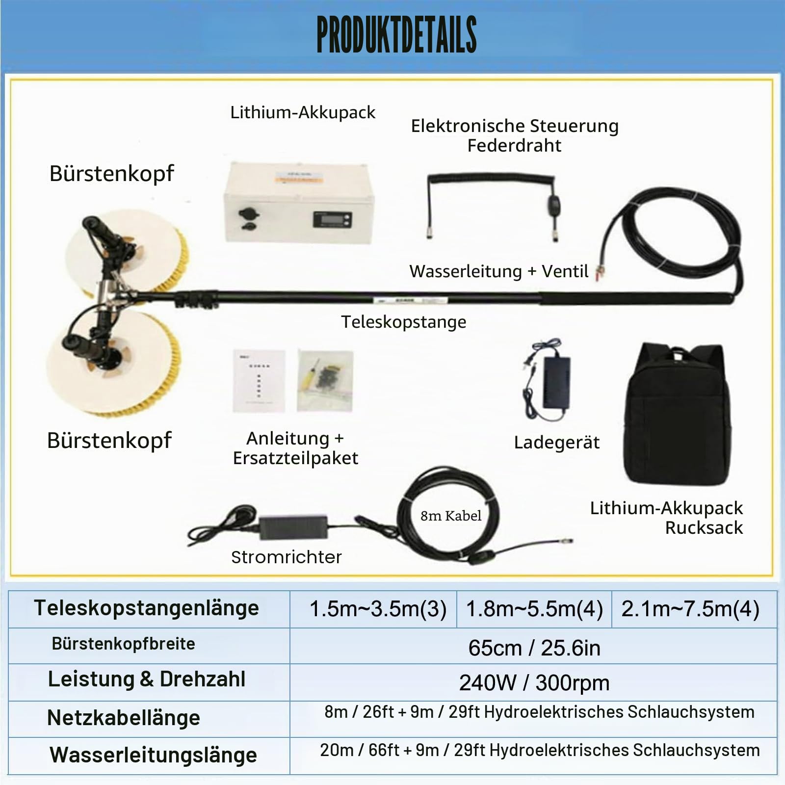 Professionelle Solar-reinigungsbürste für den Außenbereich, Doppelrotationskopf,65cm/25.59in Arbeitsbreite,Teleskopstange, wasserdicht&energiesparend,für PV-Anlagen(Mains Electricity,7.5M)