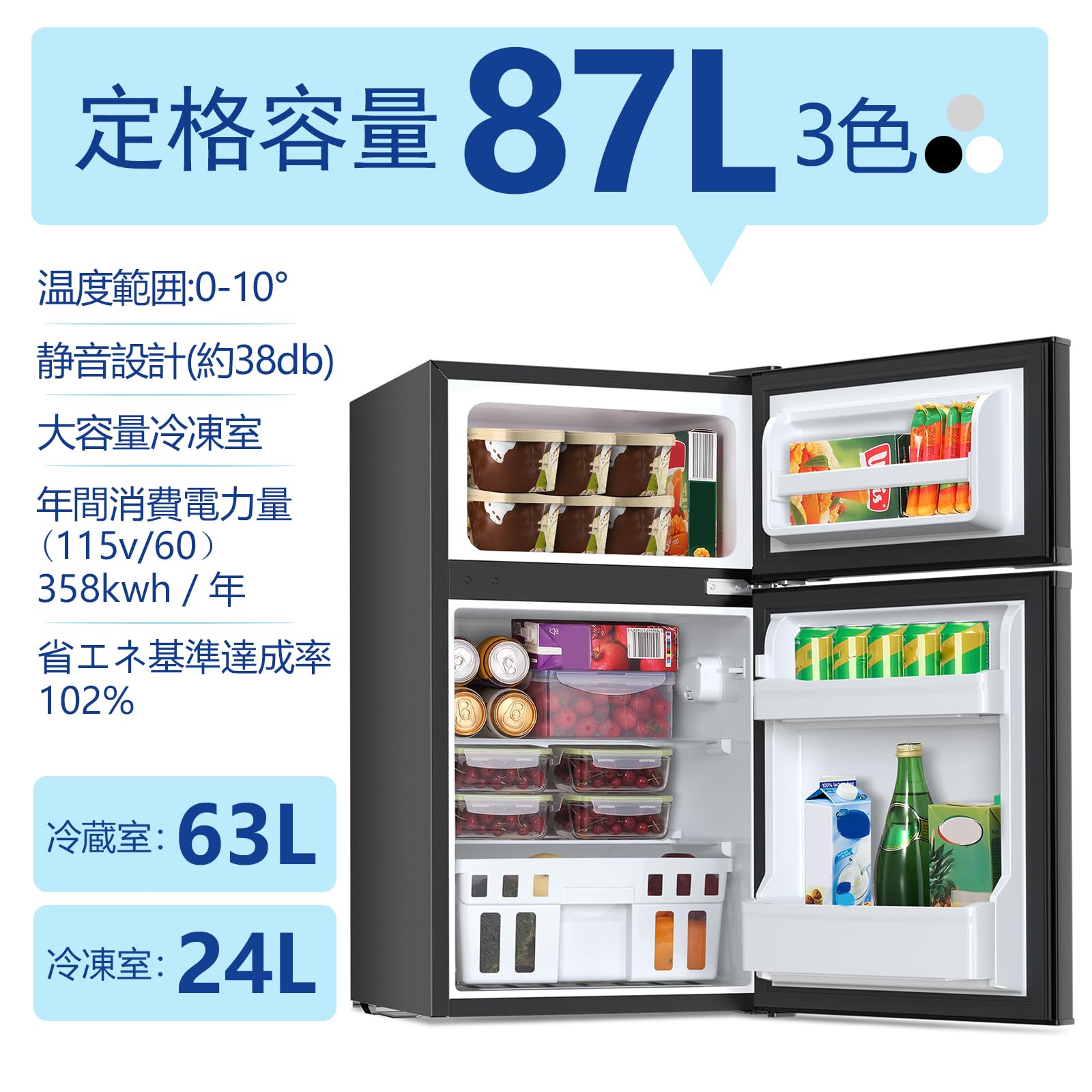 Amazon.co.jp: Kismile 小型冷蔵庫 87L 冷凍庫付き 2ドア 両開き