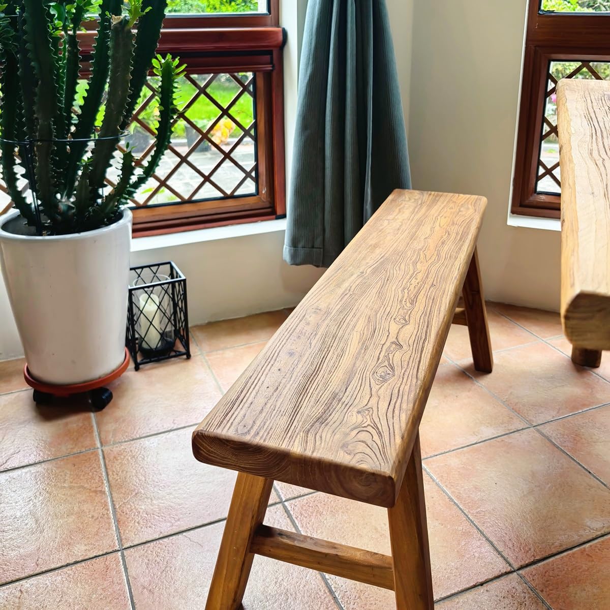 Banco de comedor de madera para interiores de granja, banco de entrada de cocina de madera asiática natural con diseño sin brazos y altura corta (19.6 x 10.2 x 17.7 pulgadas), madera maciza para