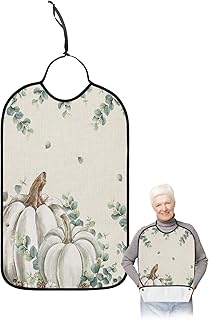 Kewadony Adult Bibs for Elderly Women - Thanksgiving Waterproof Dining Clothing Protectors with Crumb Catcher for Eating/Feeding, Grey Pumpkin Eucalyptus Leaves Fall Burlap Terry Cloth Bib Washable