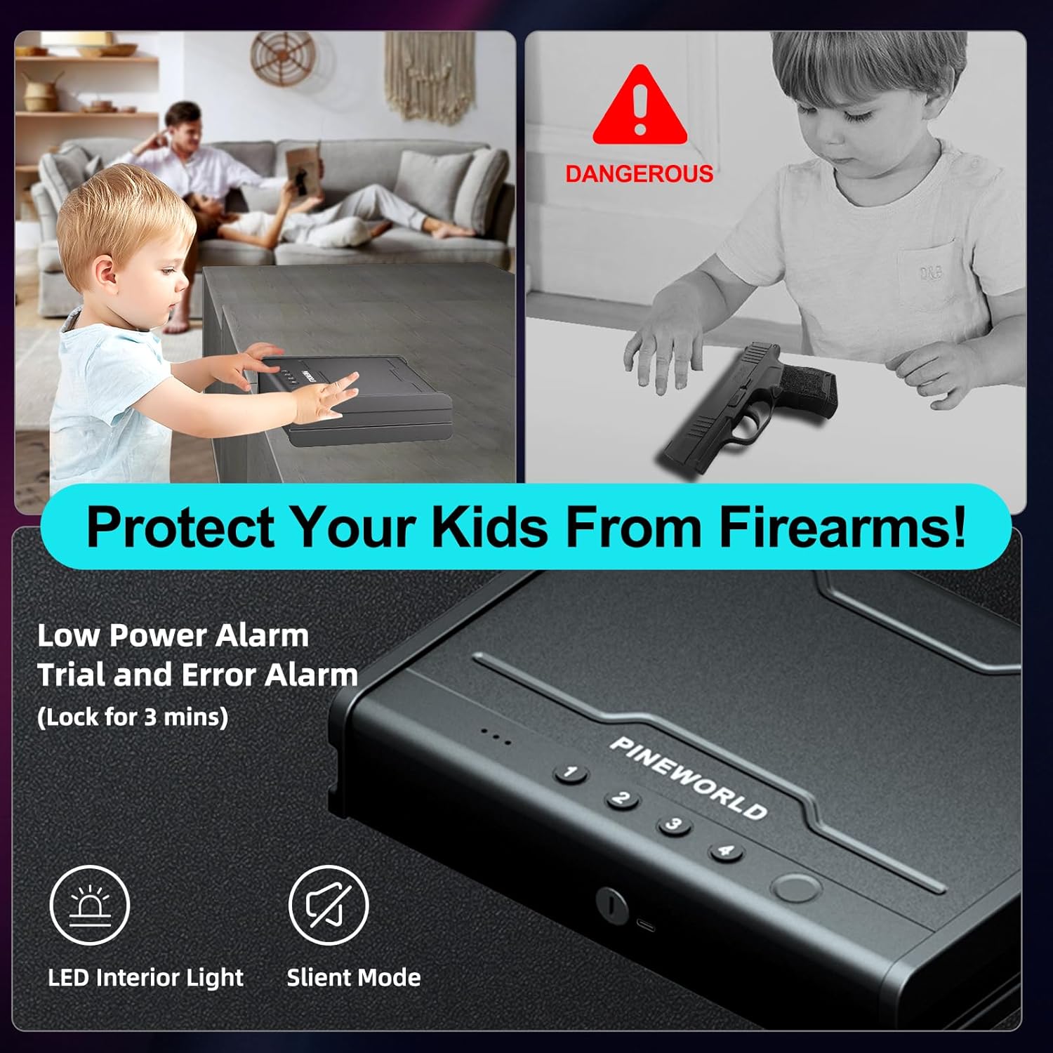Gun Safe For Handgun, Gun Case, Biometric Gun Safe For Car, Pistol Safes With Fingerprint|Passcode|Key Unlock, Full Voice Prompt Gun Lock Box with Cable, Charging Port
