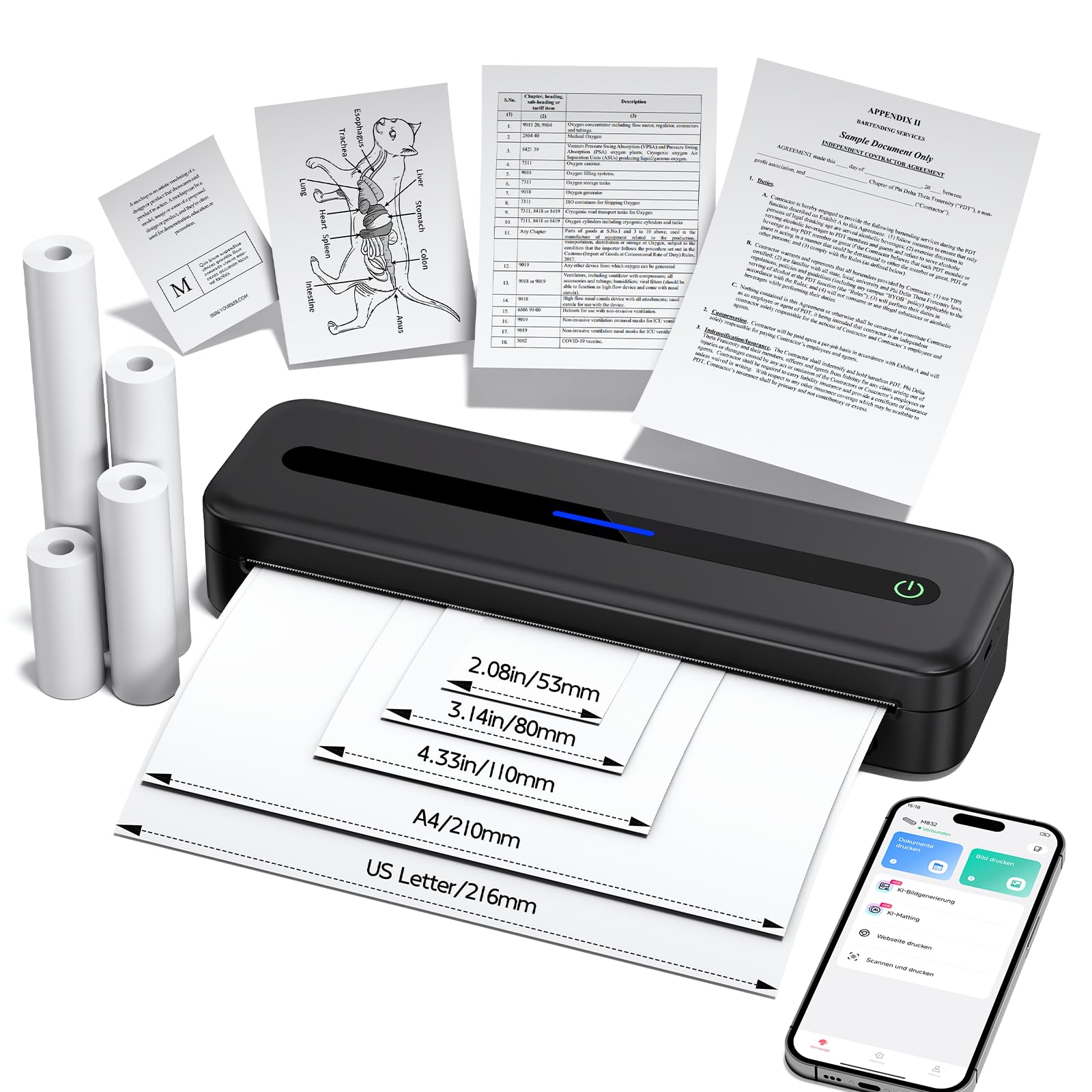 Imprimante Thermique Portable A4 Bluetooth 300DPI Sans Encre Noir