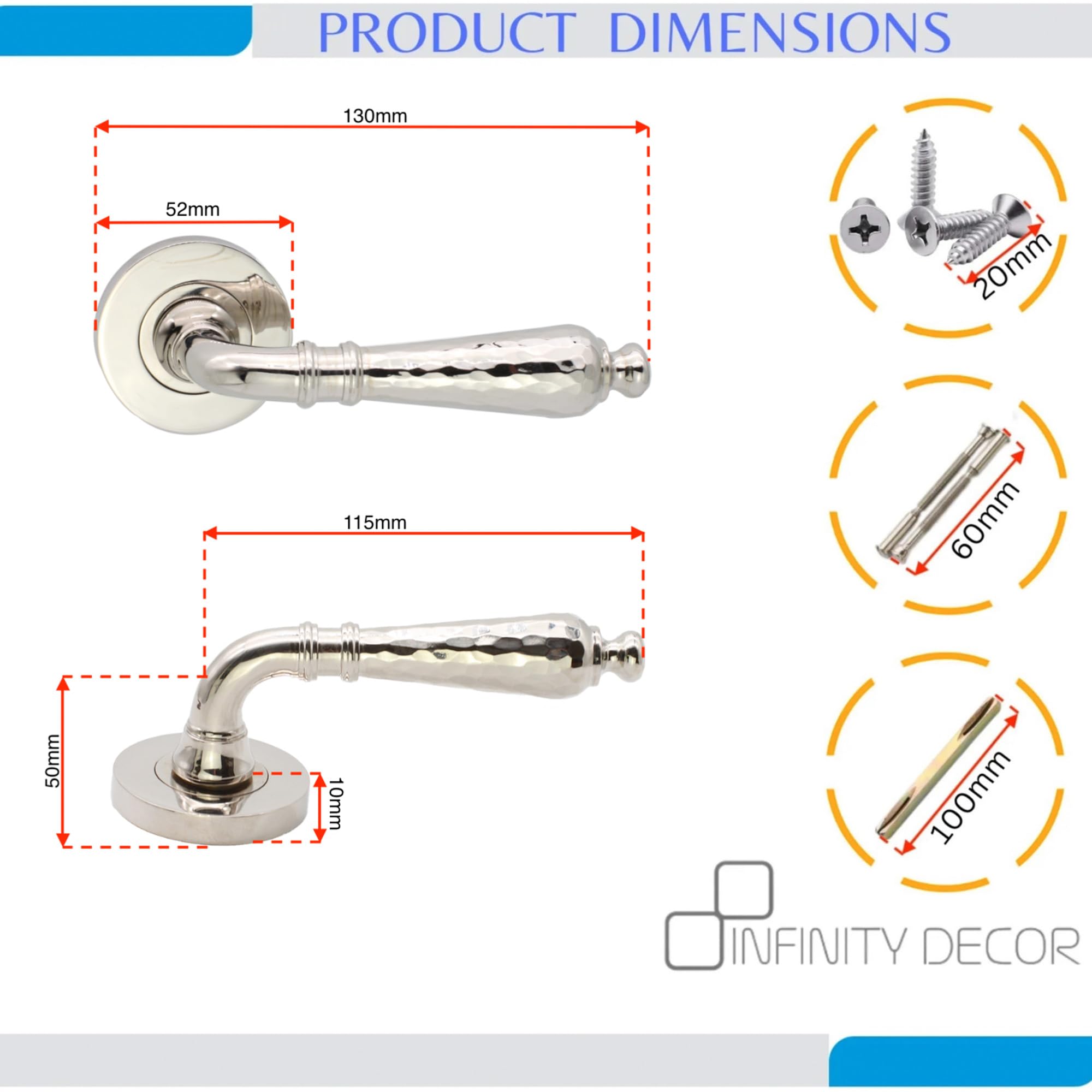 Infinity Decor Hammered Brass Lever on Rose Latch Door Handles Polished Nickel - for Interior & Exterior Use - Image 2