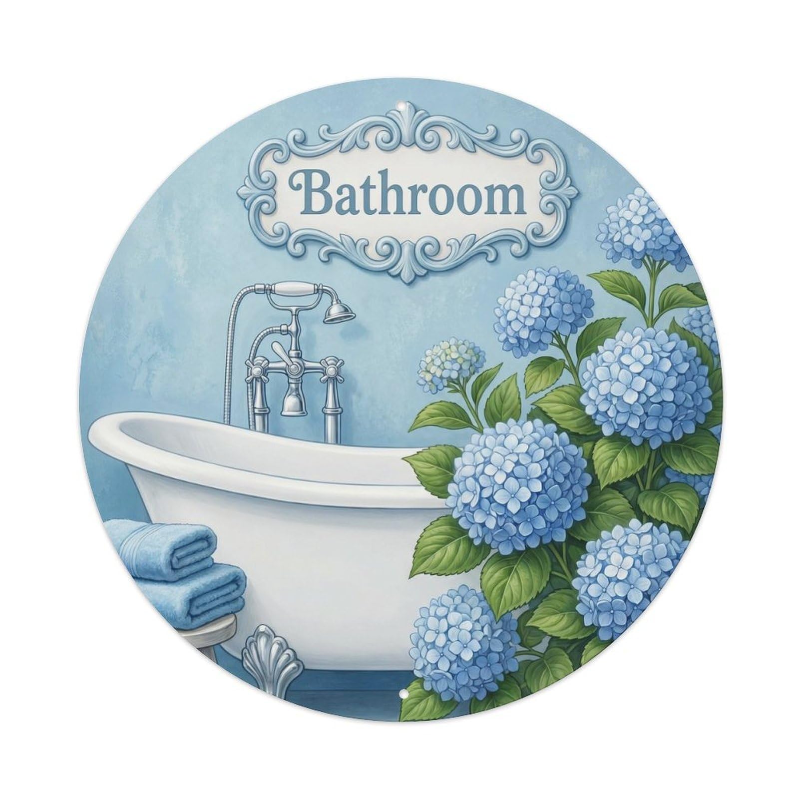 Yrnq Vintage Style Bathroom Hydrangea Round Decor Wall Vintage Metal Tin Sign Plaque Wall Decor For Cafe, Club, Garden Round Metal Poster 8X8inch