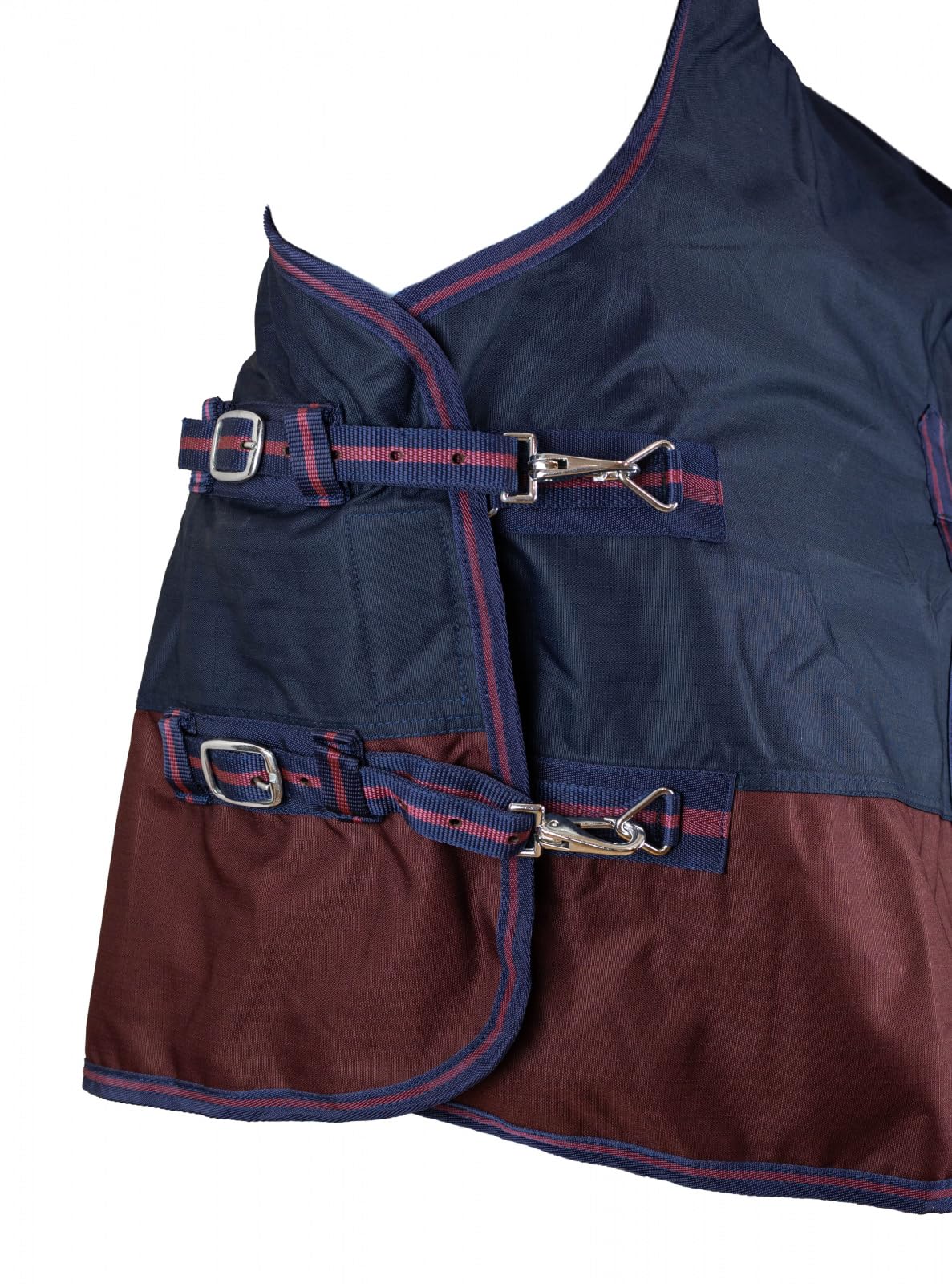 RL24 - Weidedecke High Neck Basicline 600D – Regendecke & Übergangsdecke – wasserdichte Outdoordecke mit Kreuzbegurtung – Pferdedecke in Marine/Kastanie – Größe 145cm (200g/m² Füllung)