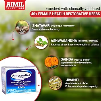 AIMIL Amycordial Tablets - 30 Tablets (Pack of 2) | Female Health Restorative | Contains Shatavari, Amla, Guduchi, Methi and more