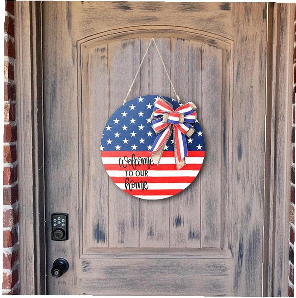 Hainice Front Door Hanging Plaque Welcome to Our Home Sign Farmhouse Wooden Round Plaque Independence Day Decor with Bow for Door, Entrance, Porch of Home : Office Products