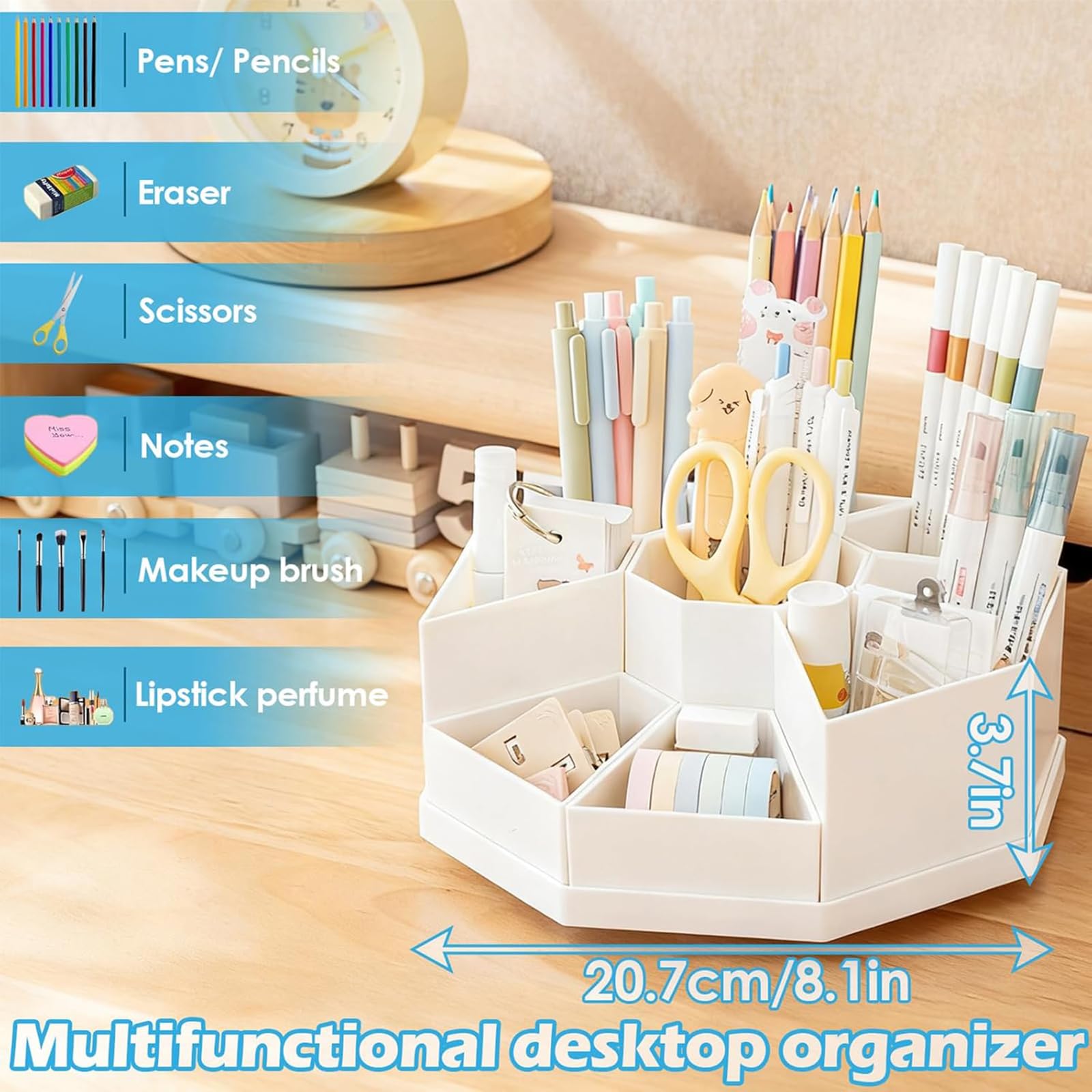 Organizador giratorio de 360° con 9 compartimentos, soporte de escritorio de gran capacidad extraíble para oficina, escuela, hogar, vanidad (azul)
