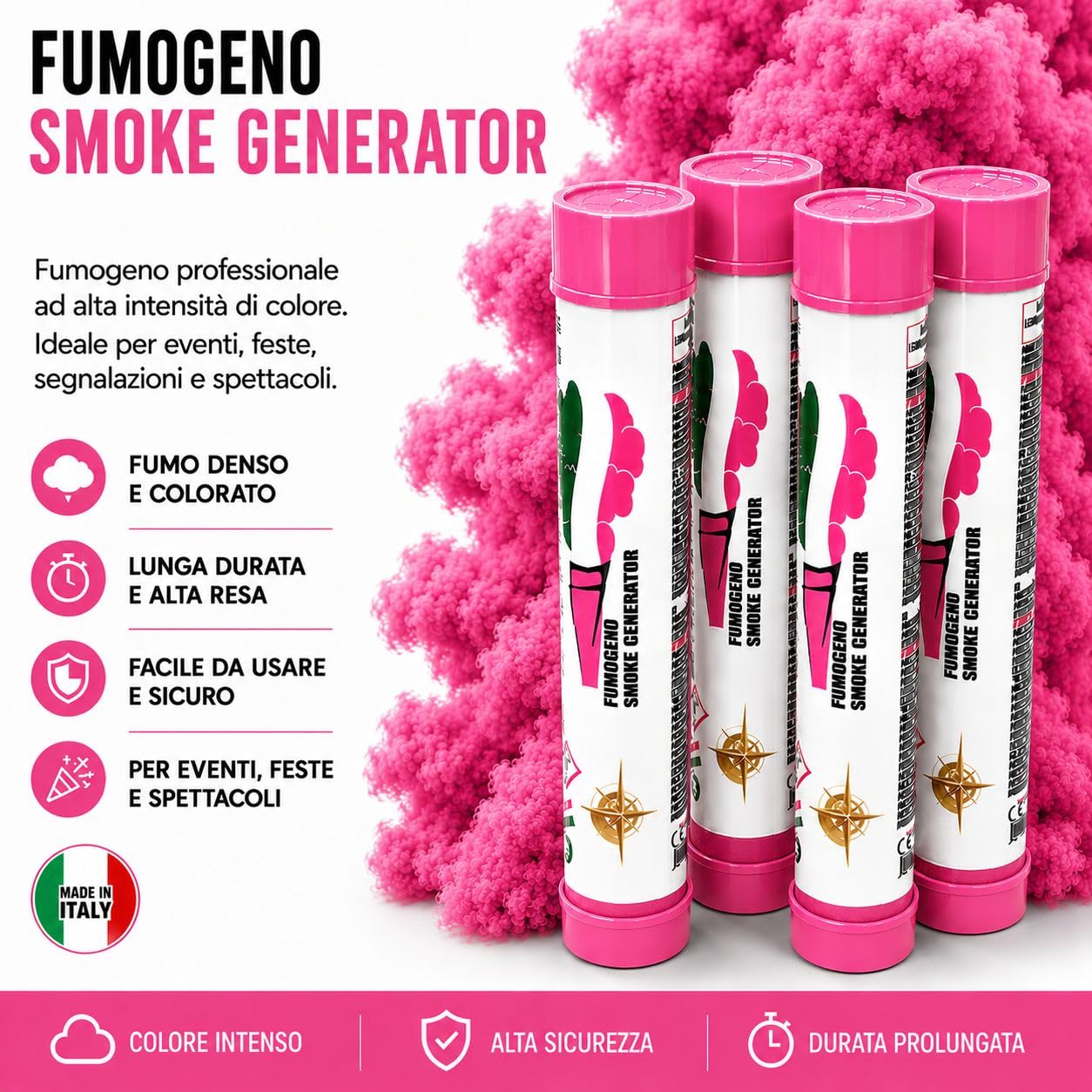 Fumogeno Colorato Made in Italy 60 Secondi Cat.1, Effetto Fumo Denso e Intenso, Ideale per Gender Reveal, Eventi, Foto Shooting, Party, Manifestazioni e Coreografie, Confezione da 4 Pezzi (ROSA)