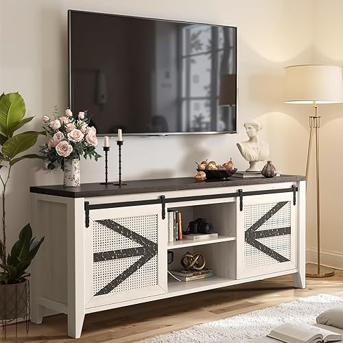 VFK Soporte de TV de 60 pulgadas para televisores de hasta 65 pulgadas, consola multimedia rústica con puertas correderas de granero, 6 cajones,