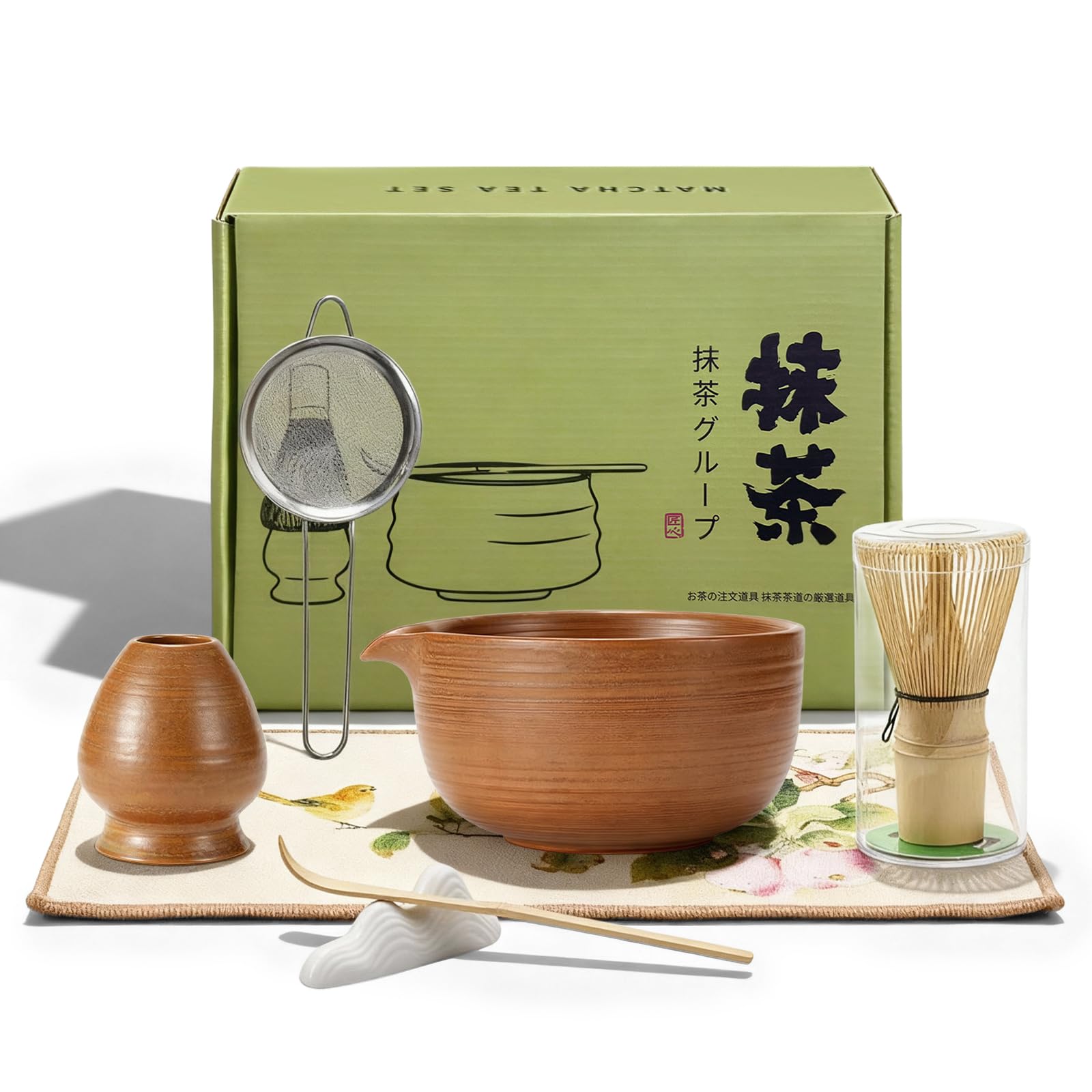 Matcha Set Whisk and Bowl Kit, Matcha Bowls Gift Tea Set Starter Making Kit with Bamboo Spoon Whisk Holder, Ceramic Bowls Kit for Tea Drinking for Starter and Enthusiasts 7Pcs