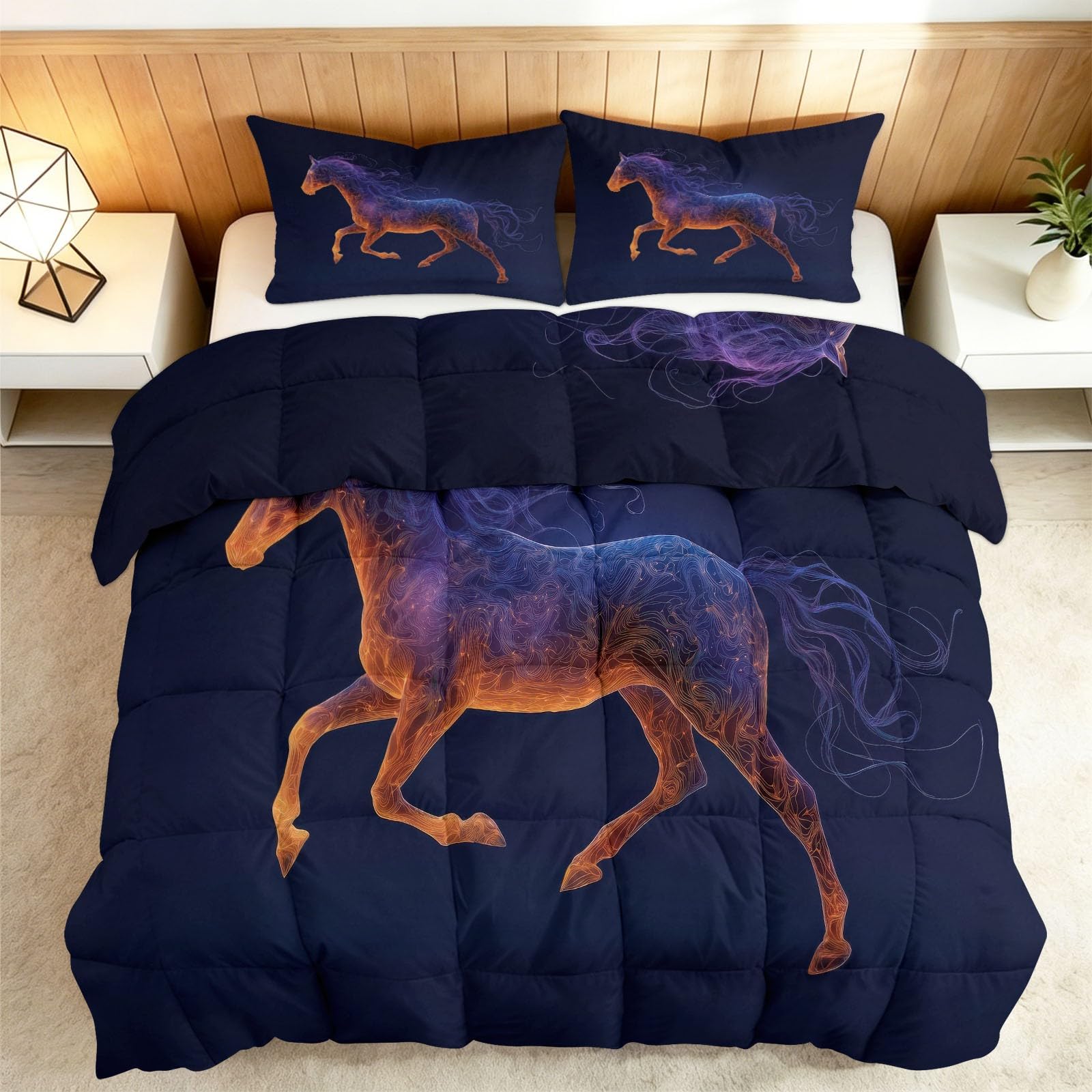 Edredón de 240 x 260 cm, cielo estrellado caballo para cama de 2 personas, edredón fantástico animal cificción, universo, reversible, 4 estaciones, manta transpirable y suave para adolescentes