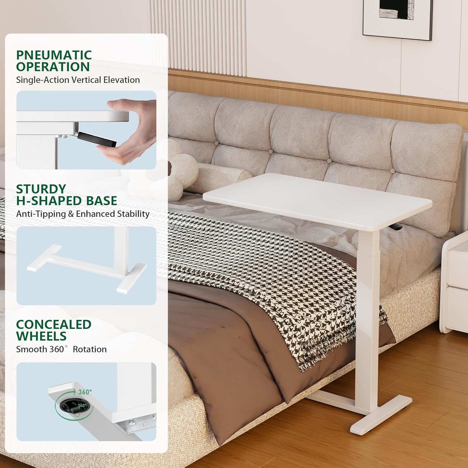 Ywin Medical Adjustable Overbed Bedside Table with Wheels, Rolling Standing Desk, Pneumatic Small Side Bed Table with Tray for Couch, Hospital, Home,Office Use (White)