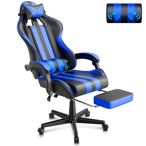 Ferghana Blue Gaming Chairs with Footrest,Computer Game Chair,Massage Gaming Chairs,Christmas,Xmas Gift,PC Gaming Chairs for Adults Teens for Gaming Live Streaming Room - Dark Blue - Racing Version