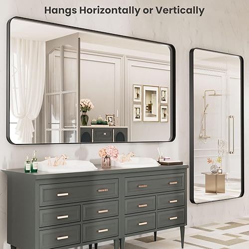 Miniatura 318 de LOAAO - Espejo de tocador para baño con marco de metal negro mate de 24 x 32 pulgadas para pared, rústico, rectangular, grande, redondeado