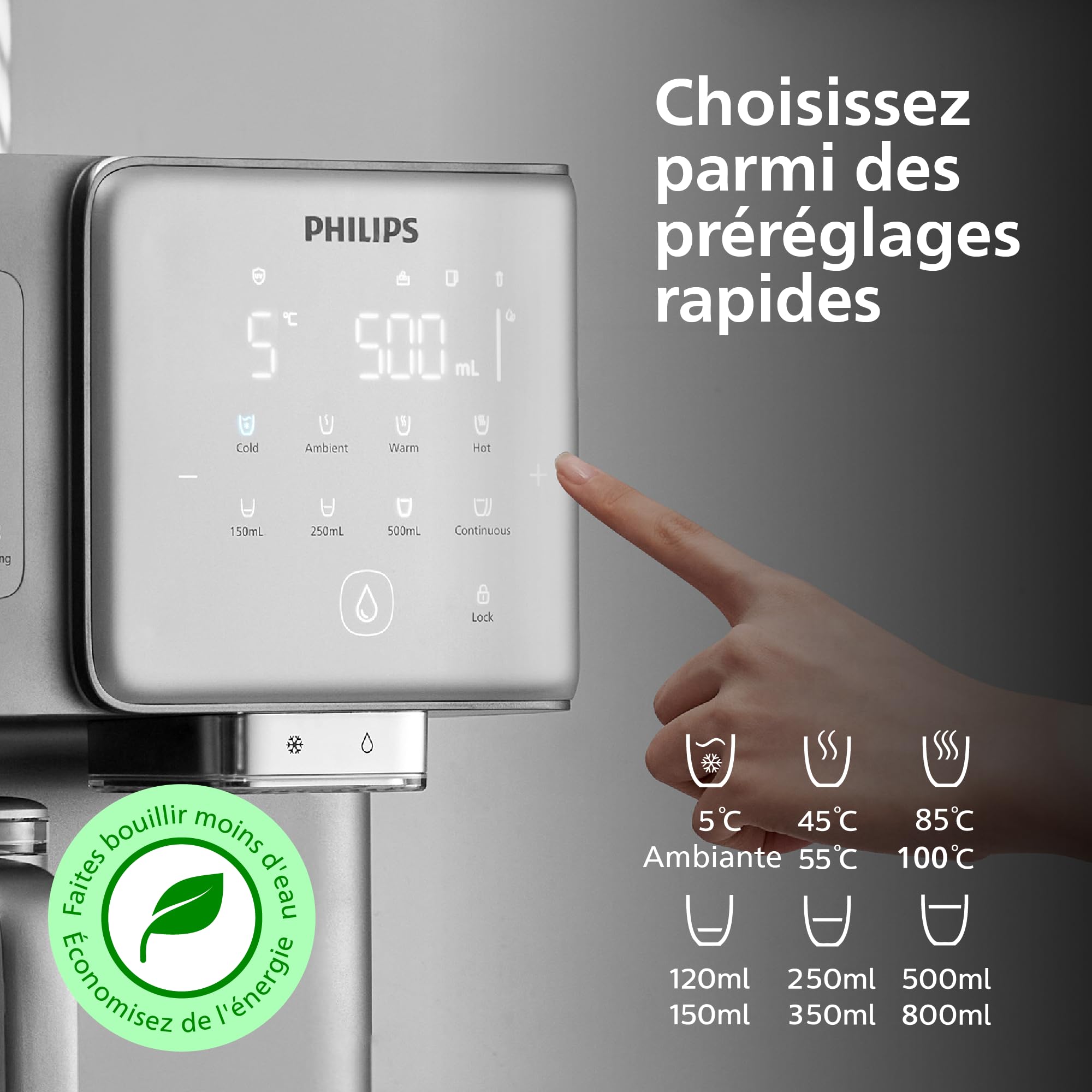 Philips Station d'eau à osmose inverse, eau chaude et froide instantanée, machine à glaçons intégrée, UV-C, reminéralisation, moniteur TDS, réservoir de 6 litres, durée de vie du filtre d'un an.