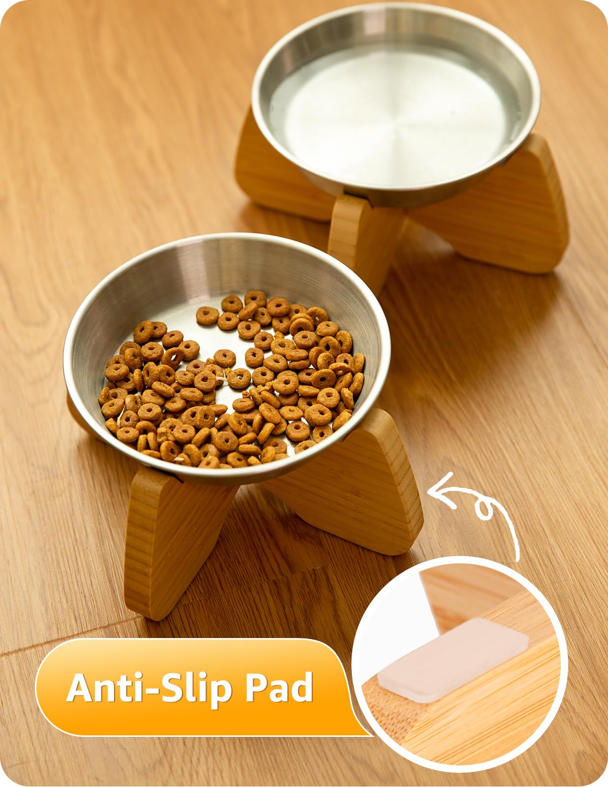Lot de 2 gamelles surélevées en acier inoxydable pour chat, adaptées aux moustaches, larges, plates, peu profondes, mignonnes, avec support en bambou, assiettes surélevées pour chat, passent au