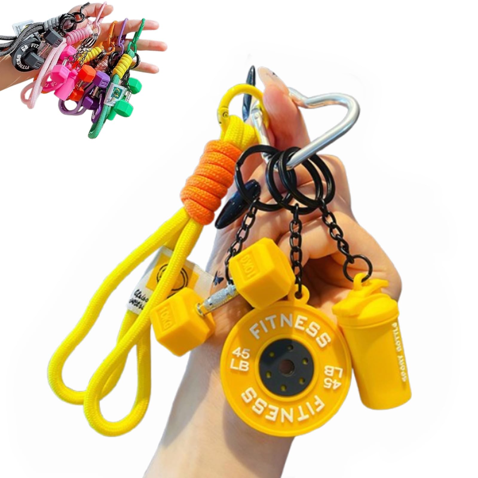 Creative Mini Gym Barbell Plate Keychain, Kettlebell Dumbbell Keychain set Silicone keyring, Pocket Motivator for Workout Enthusiasts (Yellow)