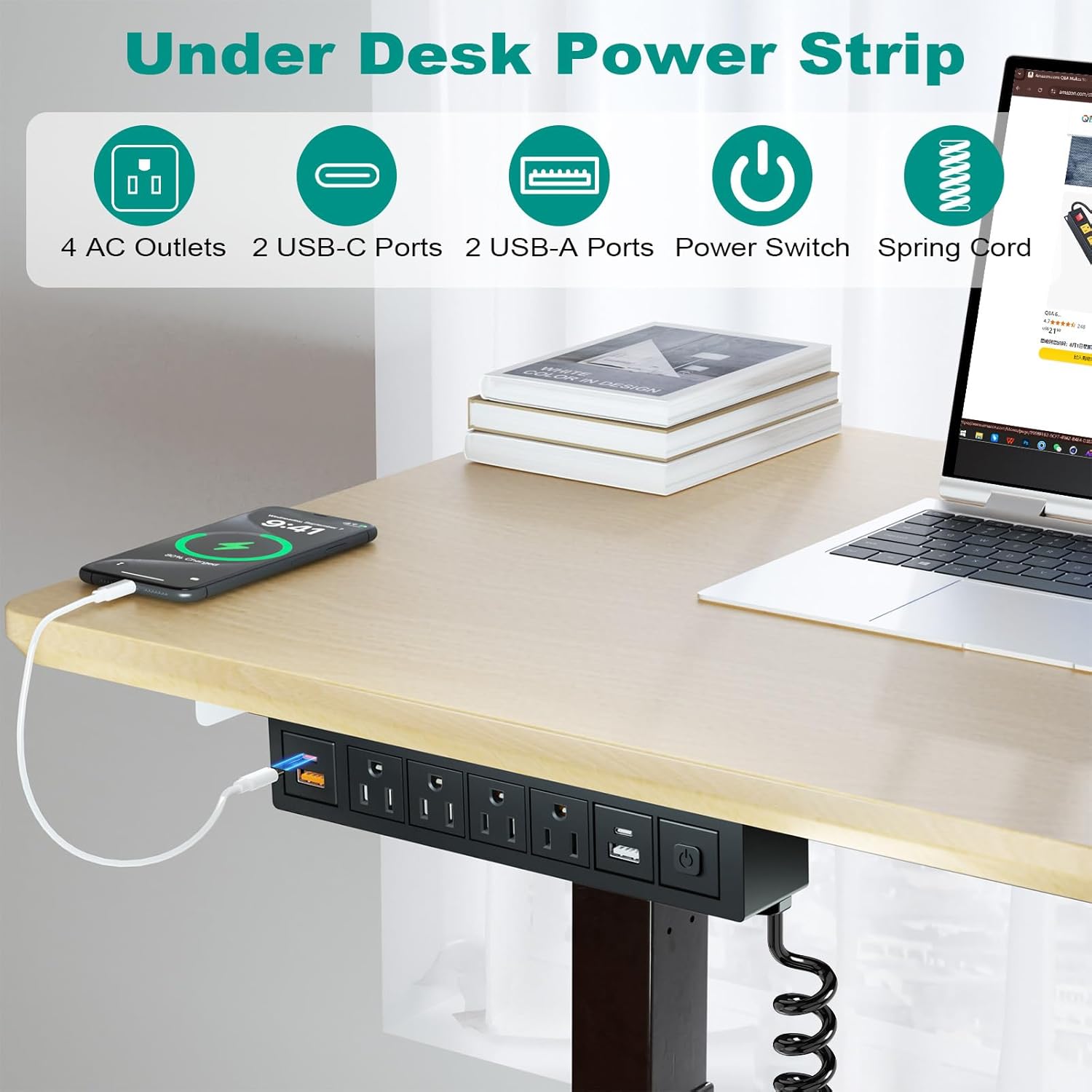 QBA Under Desk Power Strip with USB-C 20W, Desk Mount Outlet with 5FT Spring Cord, 4 AC Outlets, 4 USB Ports, for Conference Furniture Cabinet, ETL Listed
