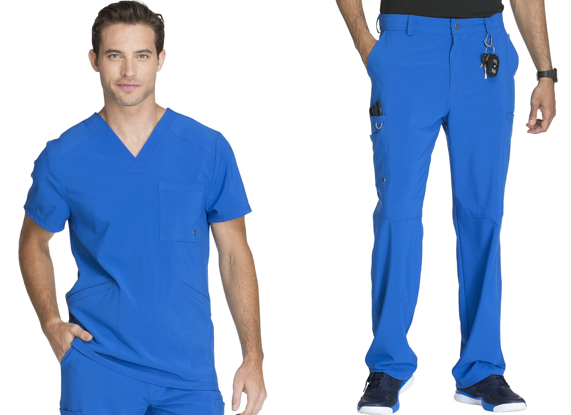 Cherokee Men Scrubs Set Modern Fit V-Neck Scrub Tops, CK900A and Tapered Leg Drawstring Scrub Pants, CK200A
