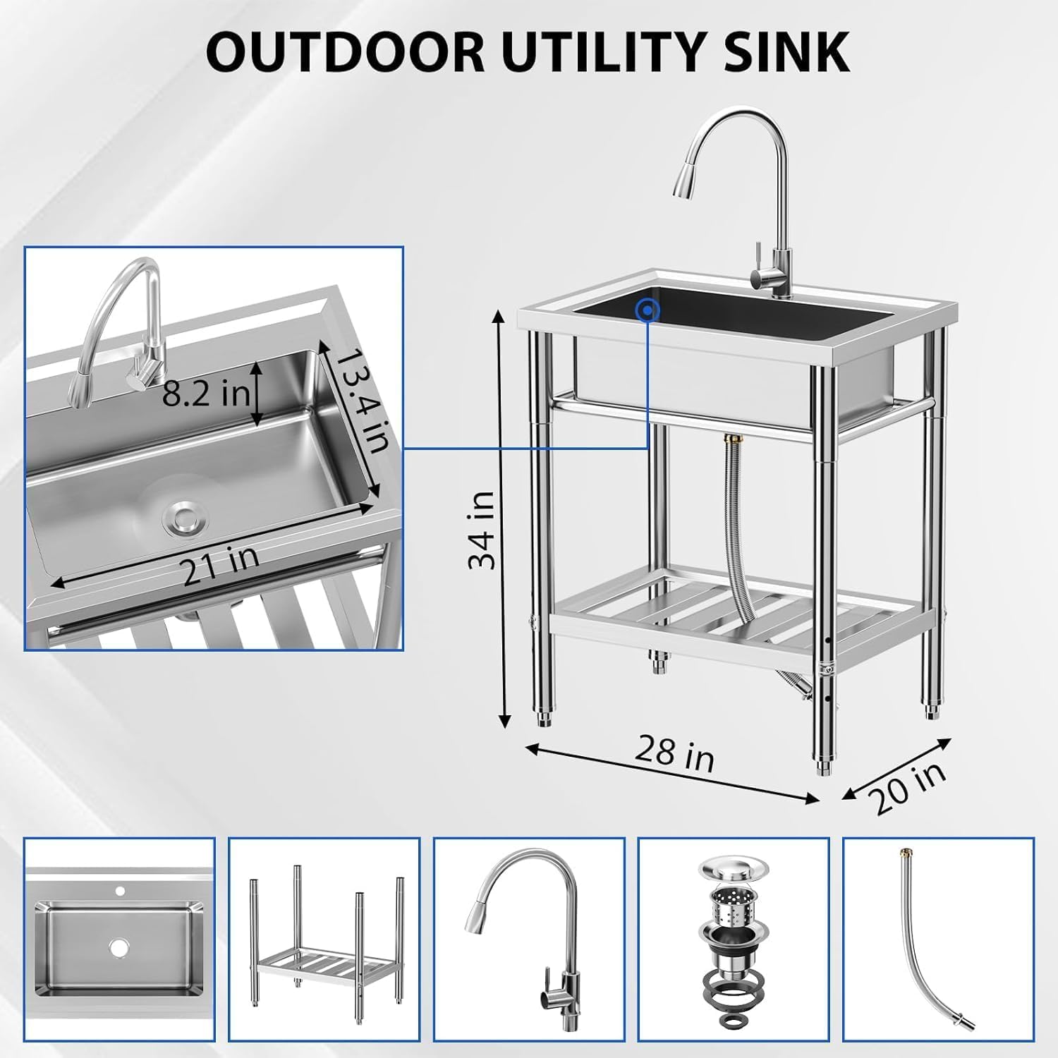 Lavello da cucina indipendente, in acciaio inox, con rubinetto, ripiano e accessori, set completo per cucina, bagno, commerciale, 70 x 50 x 86 cm, antiruggine e durevole