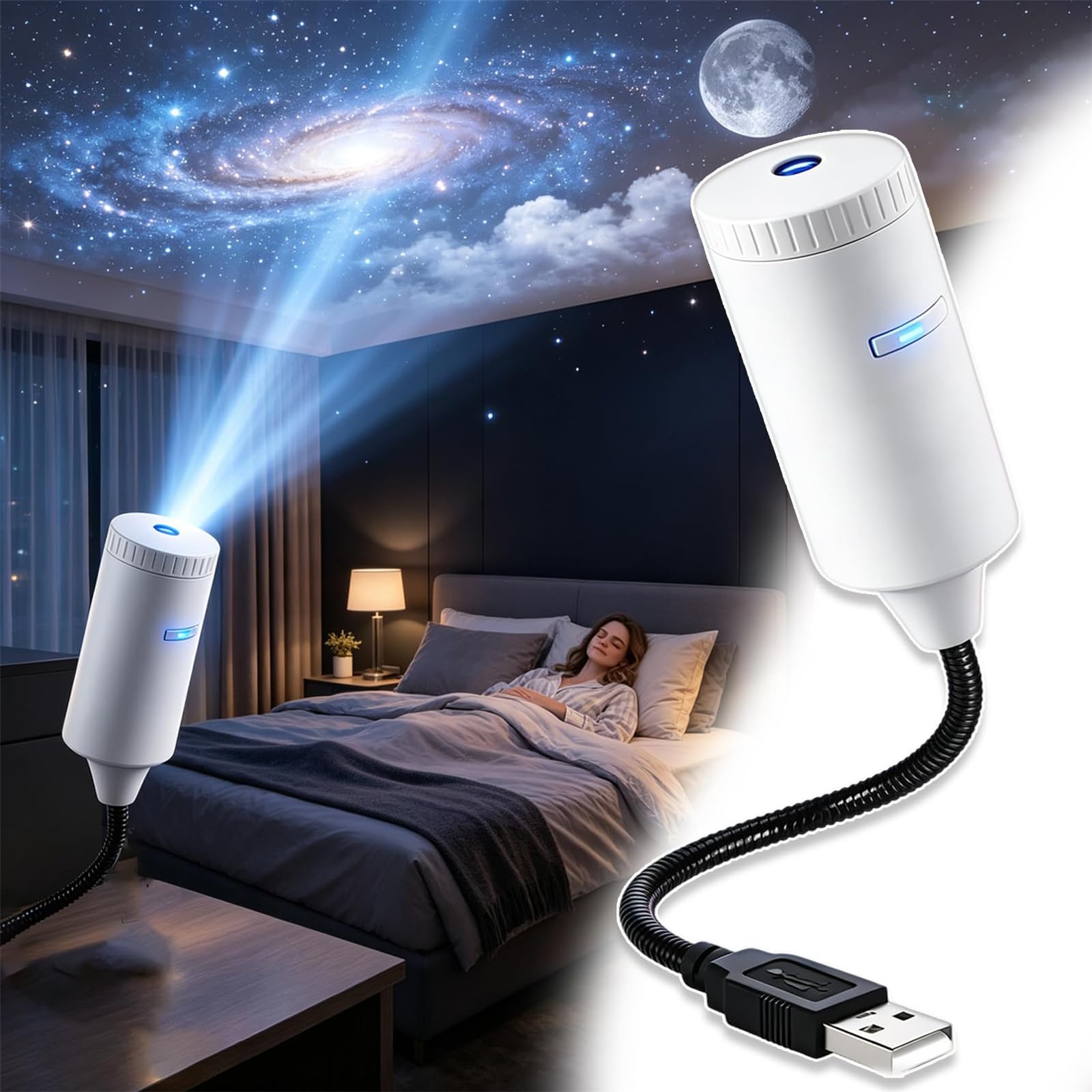 Plug and Play HD Star Projector,HD Smart Dynamic 5d Holographic Night Light Projector,360° Adjustable Projector with Two Modes,Galaxy Projector Night Light for Bedroom Ceiling Wall Room Decor (White)