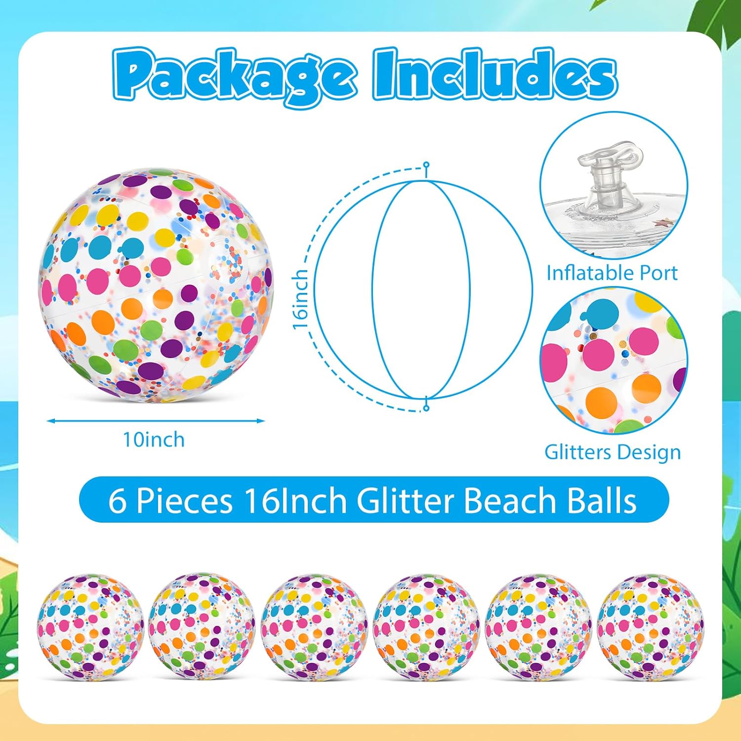 6Pack Polka Dot Beach Balls 16" Inflatable Beach Balls Glitter Large Colorful Polka Dot Pool Toy Ball for Swimming Pool Party PVC Clear Sport Ball Summer Hawaiian Outdoor Water Games Party Favor