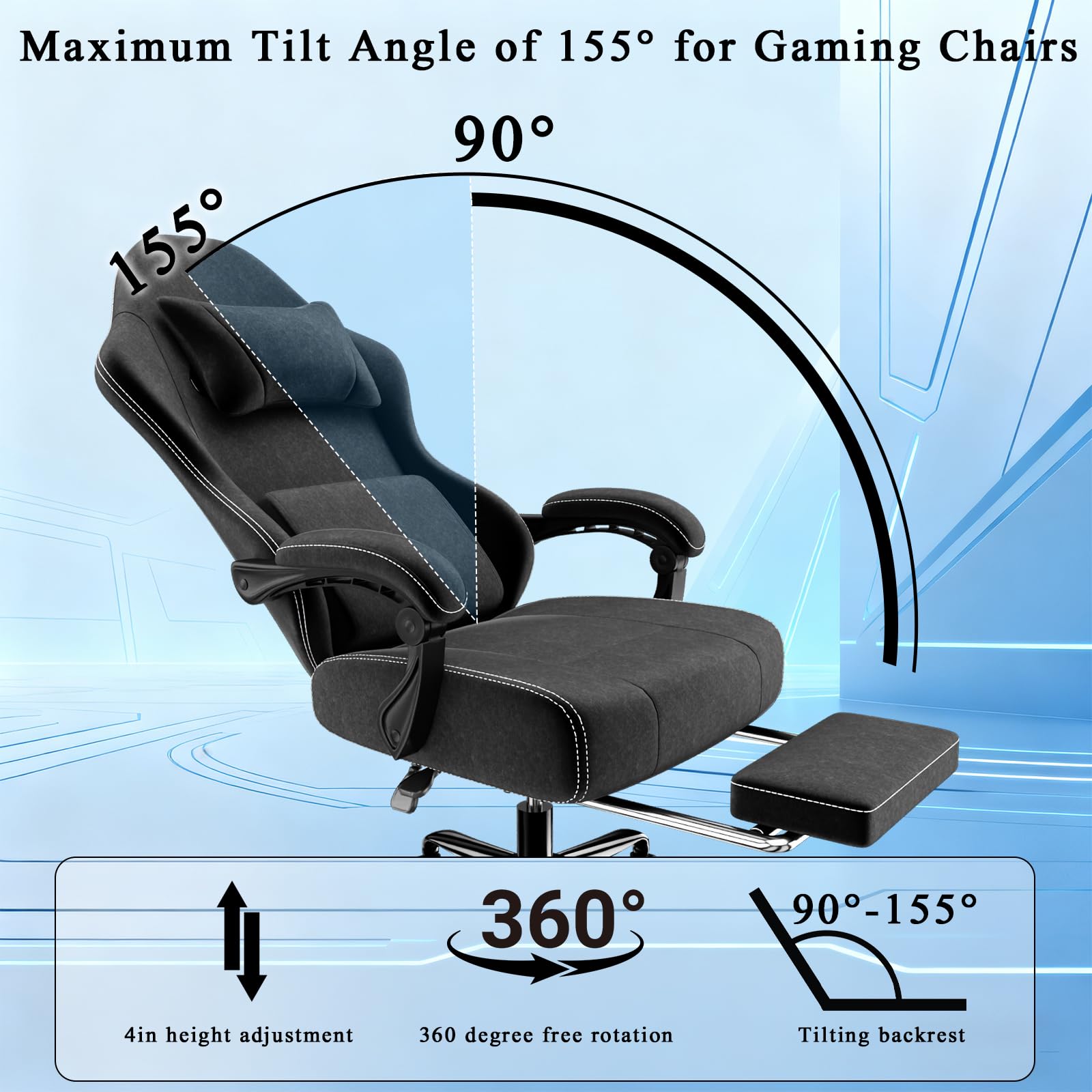 Chaise Gaming Ergonomique avec Ressorts Ensachés et Repose-Pieds, Fauteuil Gaming avec Soutien Lombaire Réglable, Chaise Bureau Respirant Jusqu'à 150 kg (Noir Profond)