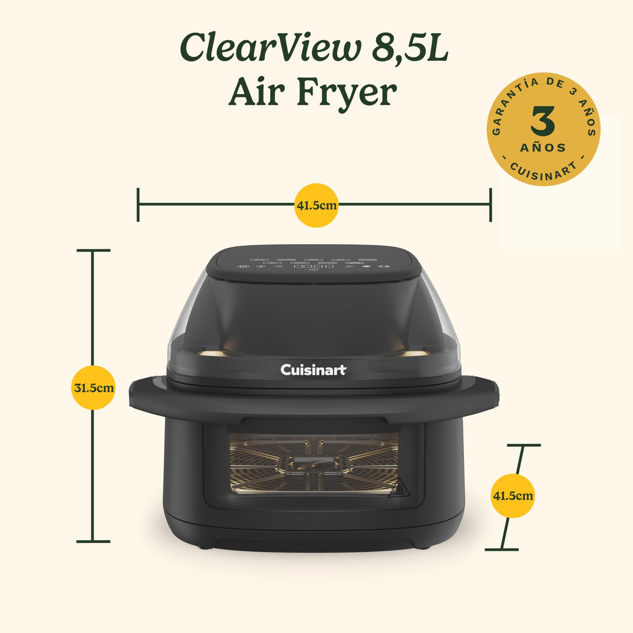 Cuisinart ClearView™ Air Fryer I Visibilidad total – ventanas de 280° I Libre de PFAS I 8,5L I 8‑en‑1 Air Fry, Asar, Grill, MaxCrisp, Deshidratar, Pizza, Recrisp, Mantener caliente I Temp. máx. 230°C